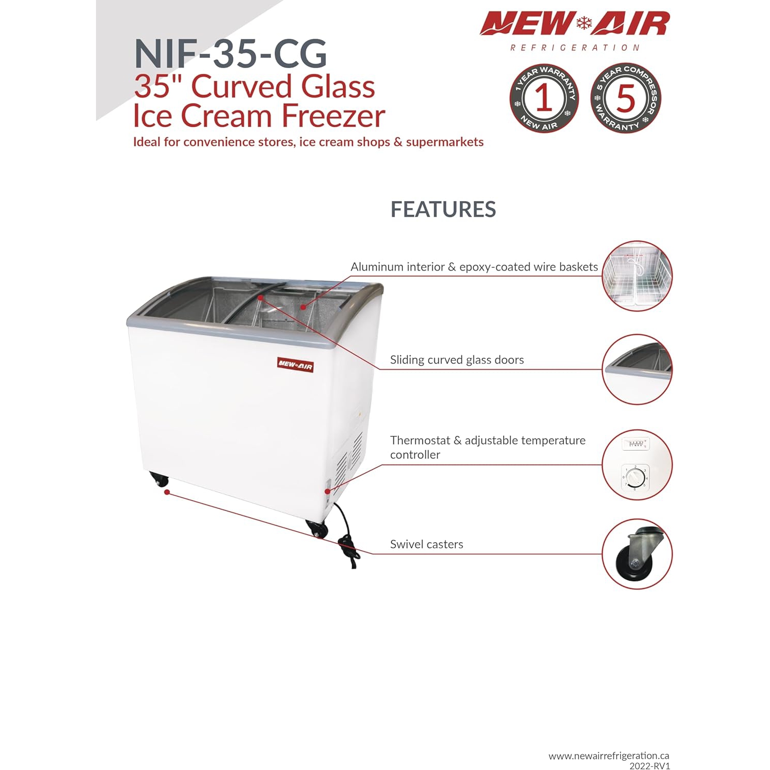 New Air commercial 35 po 7,3 pi3 avec Congélateur de crème glacée en verre incurvé - Blanc-gris