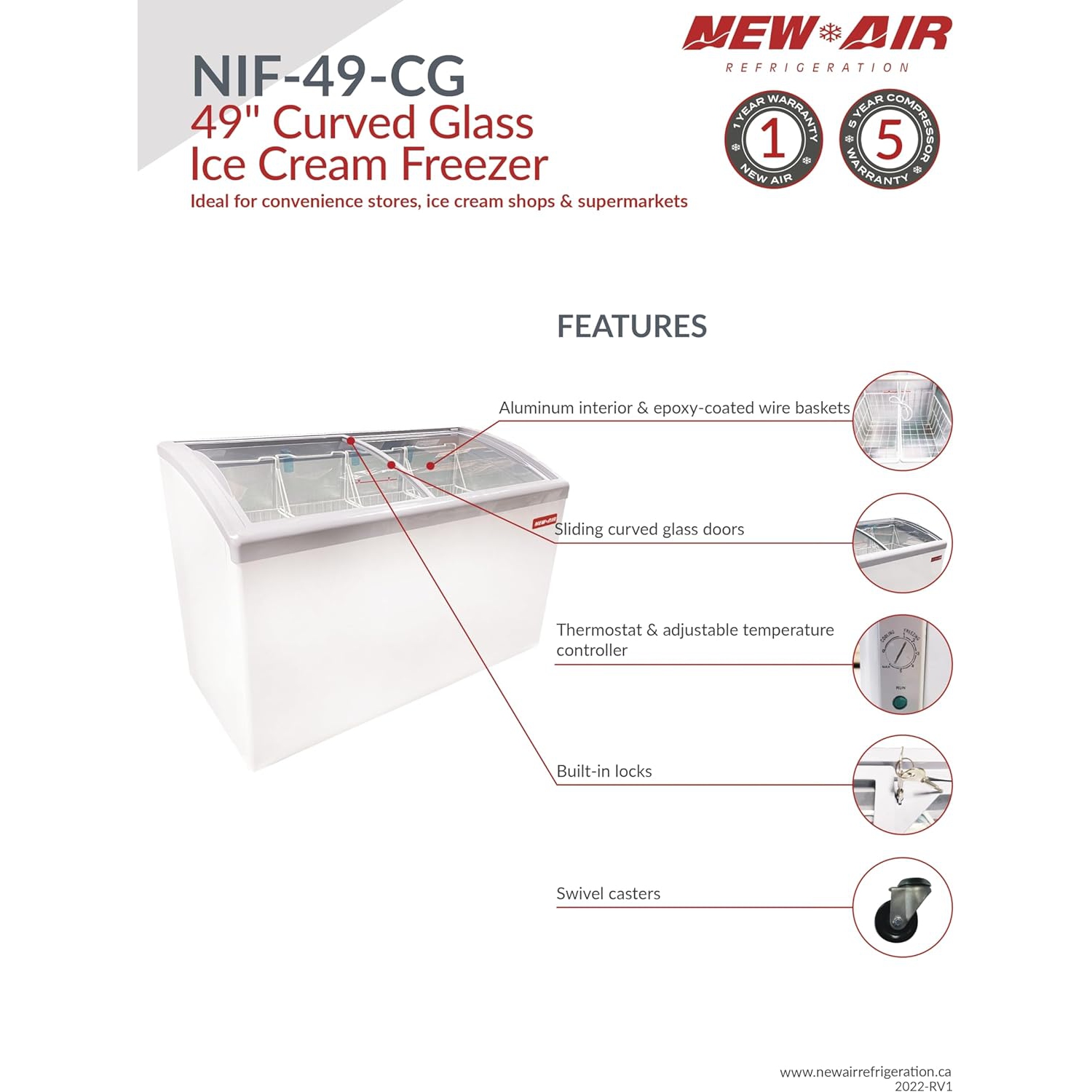 New Air commercial 35 po 7,3 pi3 avec Congélateur de crème glacée en verre incurvé - Blanc-gris