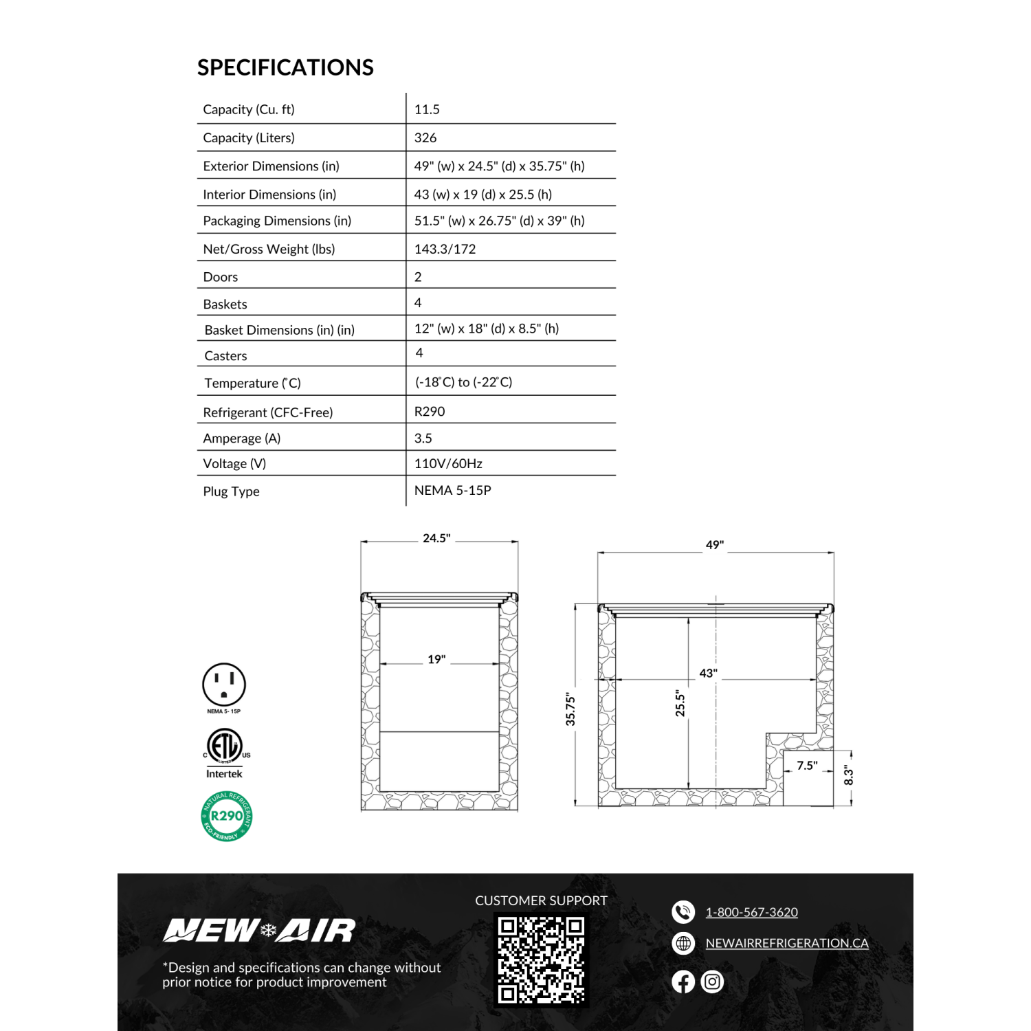 New Air Commercial 49" 11.5 Cu. Ft. Curved Glass Ice Cream Freezer - White/Grey