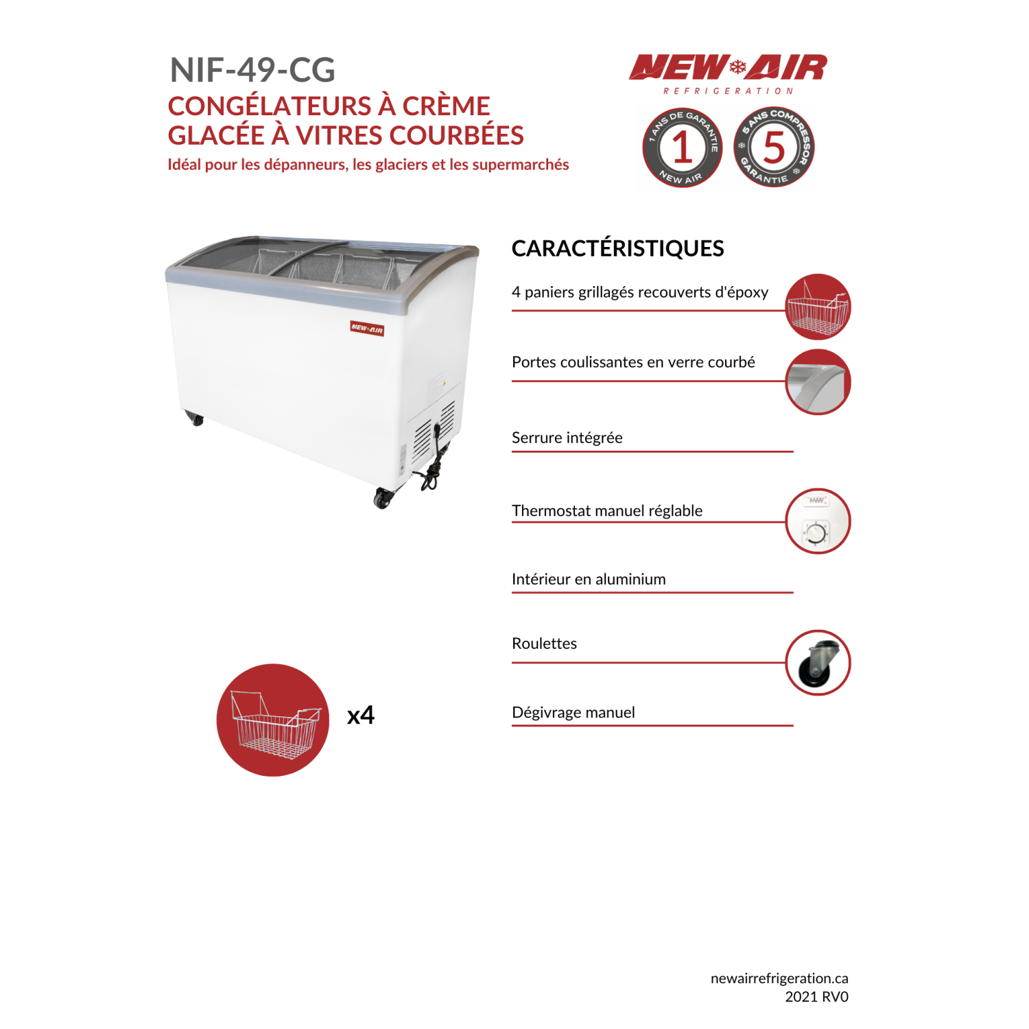 New Air Commercial 49" 11.5 Cu. Ft. Curved Glass Ice Cream Freezer - White/Grey