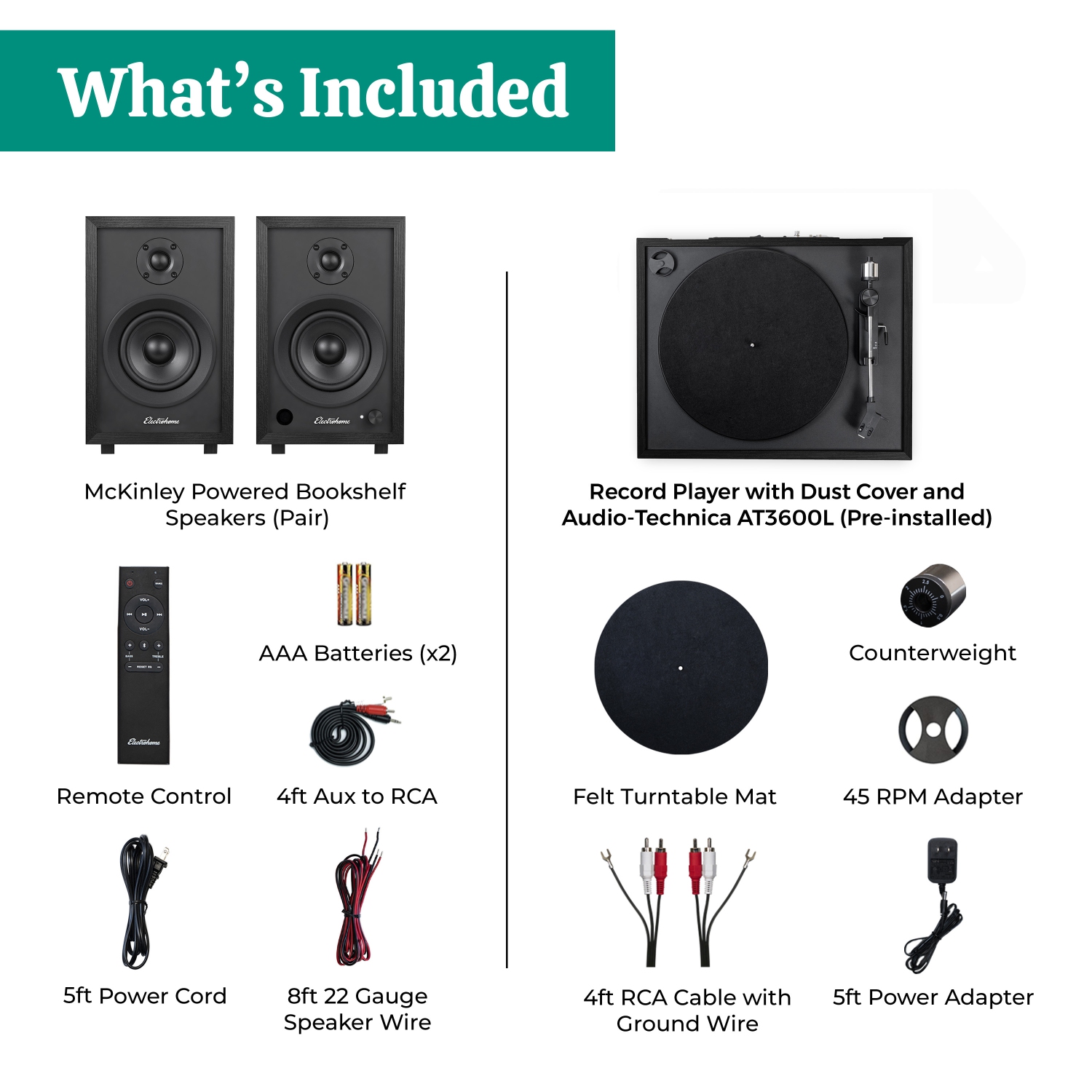 Electrohome Montrose Record Player Stereo System with 4" Bluetooth Powered Bookshelf Speakers, Belt-Drive Turntable