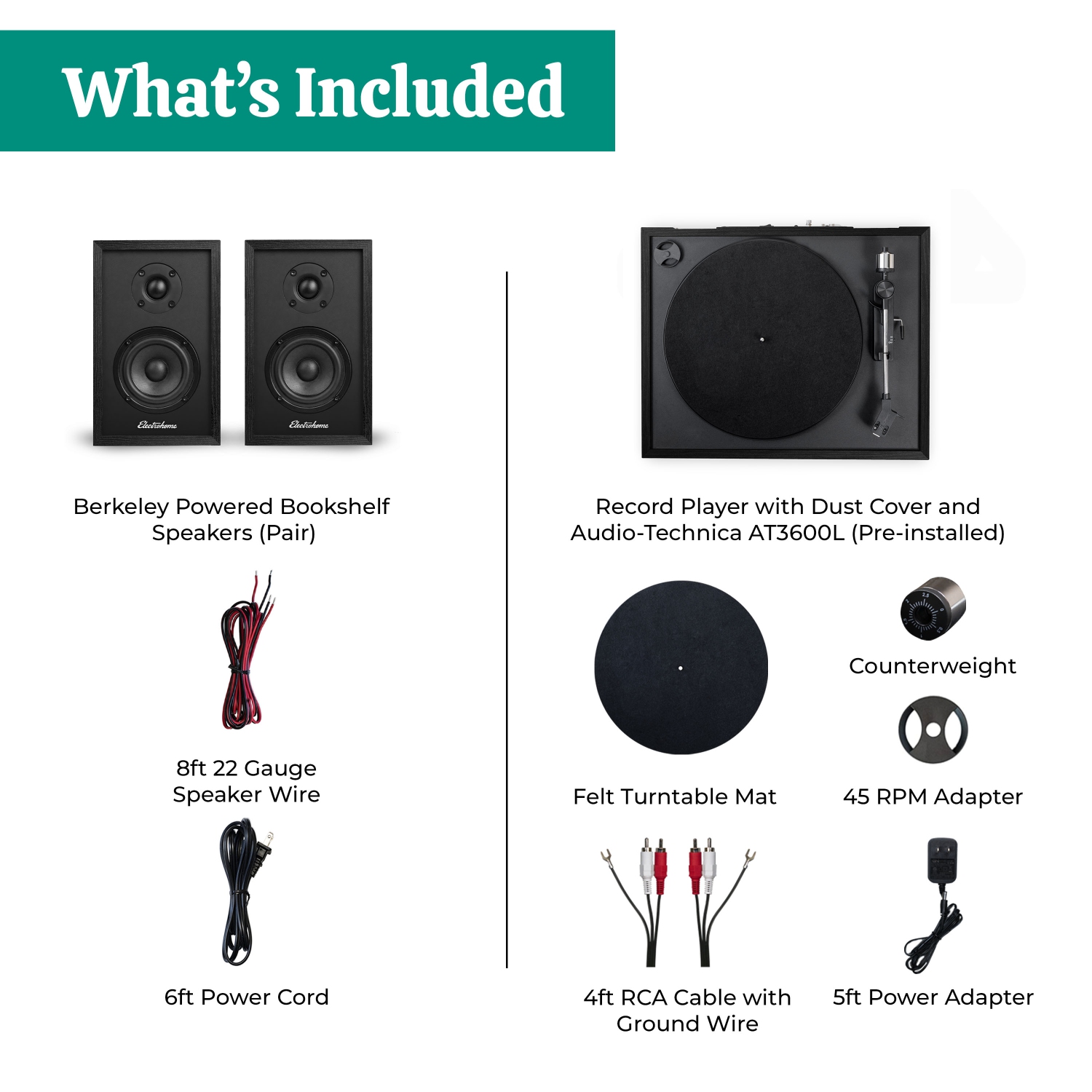 Lecteur de disques en vinyle Montrose d'Electrohome avec haut-parleurs d'étagère Bluetooth Berkeley pour un son naturel chaleureux noir