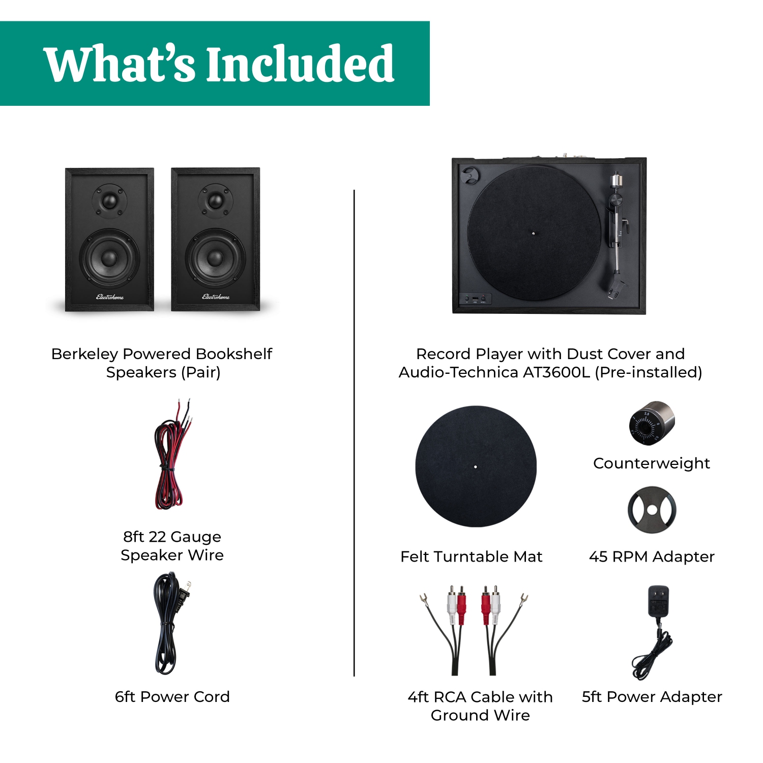 Electrohome Montrose Wireless Vinyl Record Player with Berkeley, Powered Bluetooth Bookshelf Speakers, Black