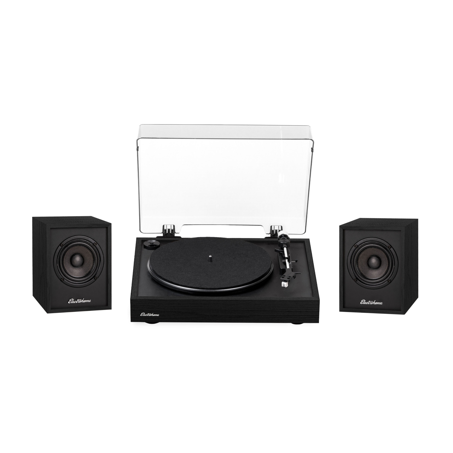 Lecteur de disques en vinyle Montrose d'Electrohome avec haut-parleurs d'étagère Bluetooth alimentés Huntley pour un son naturel chaleureux noir
