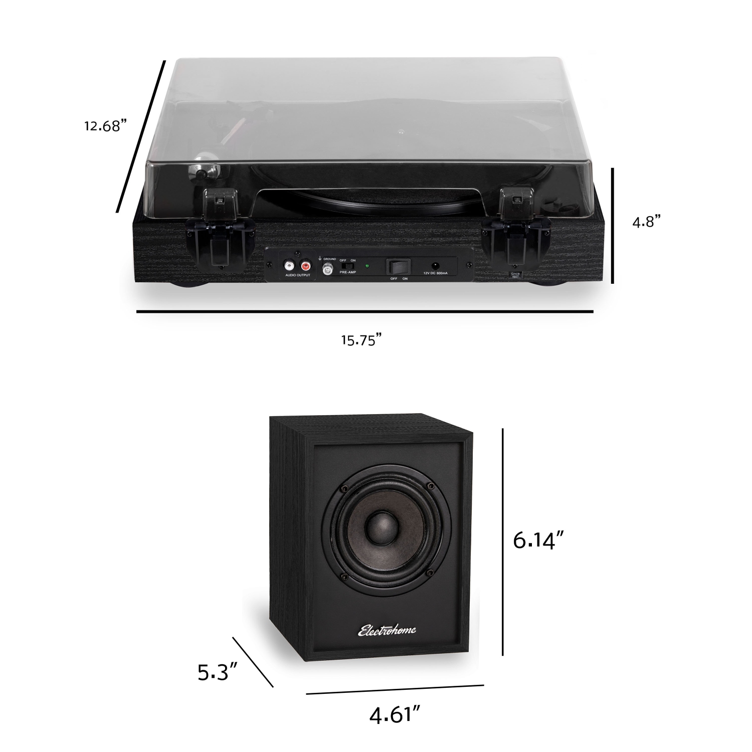 Lecteur de disques en vinyle Montrose d'Electrohome avec haut-parleurs d'étagère Bluetooth alimentés Huntley pour un son naturel chaleureux noir