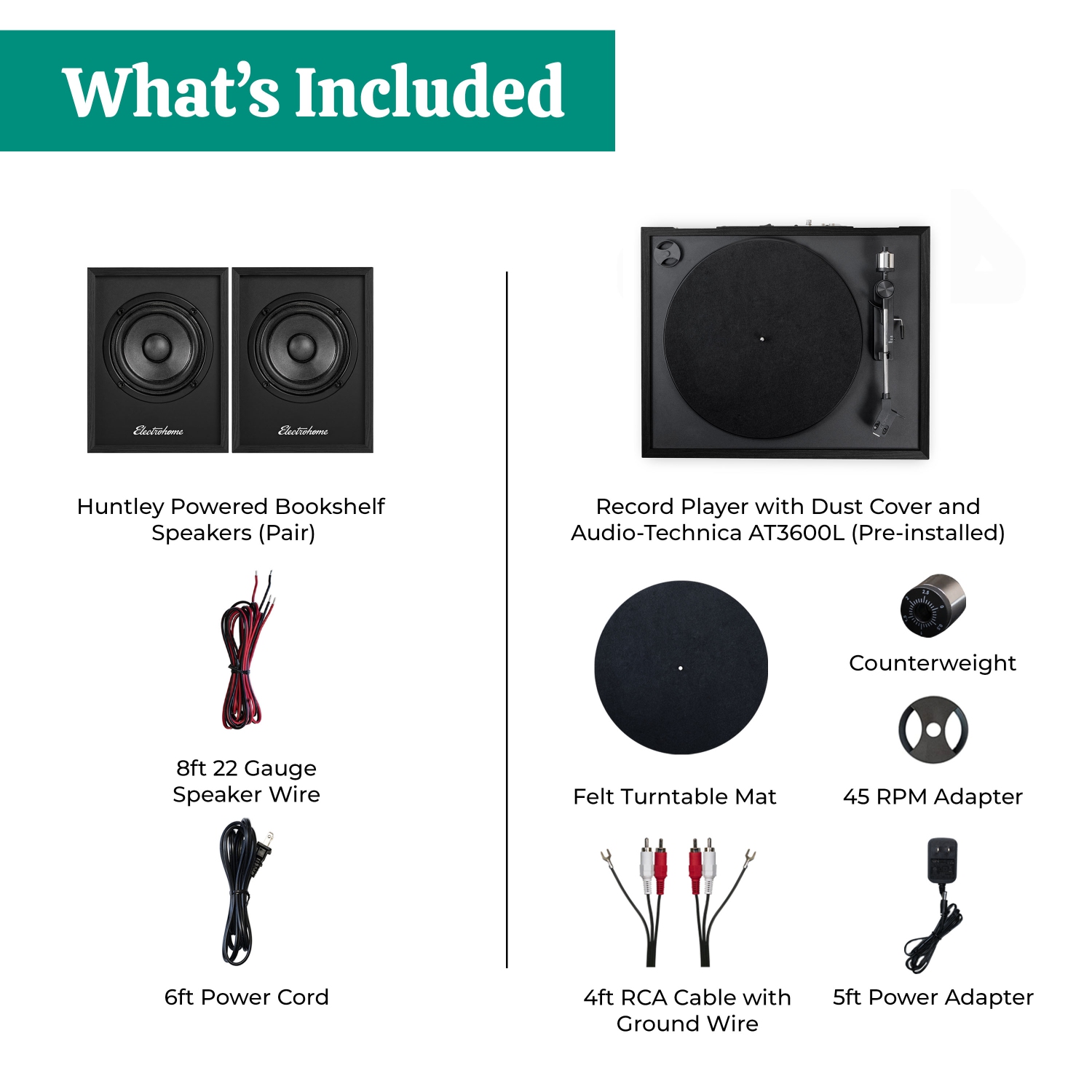 Lecteur de disques en vinyle Montrose d'Electrohome avec haut-parleurs d'étagère Bluetooth alimentés Huntley pour un son naturel chaleureux noir