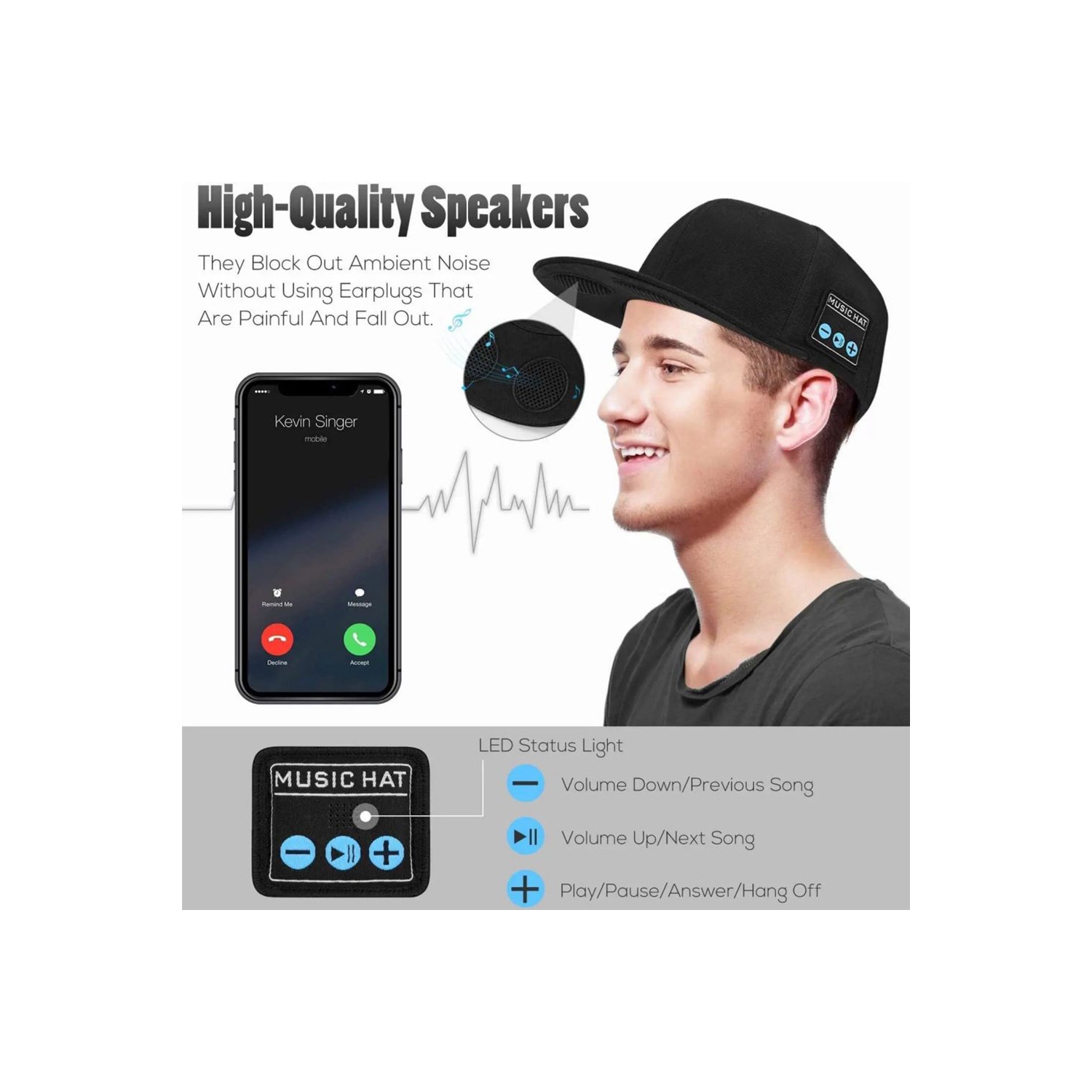 axGear Wireless Bluetooth Music Hat Headset Headphone Speaker Mic For Outdoor Sport