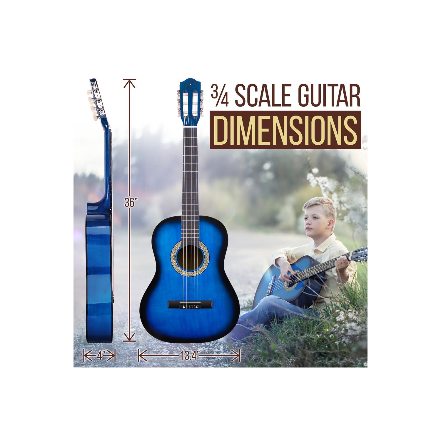 36'' -Inch 6-String Classic Guitar - 3/4 Size Scale Guitar with Digital Tuner & Accessory Kit,