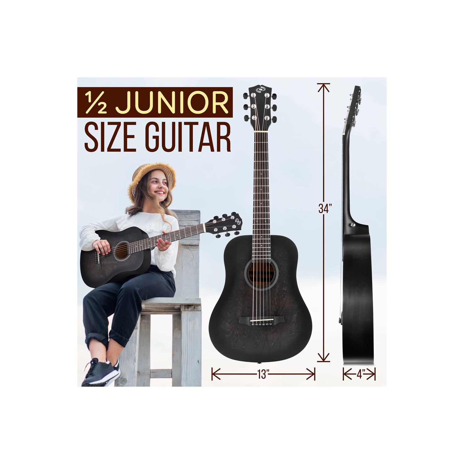 Guitare acoustique 6 cordes 34 po Beginners - guitare junior 1/2 avec trousse d'accessoires