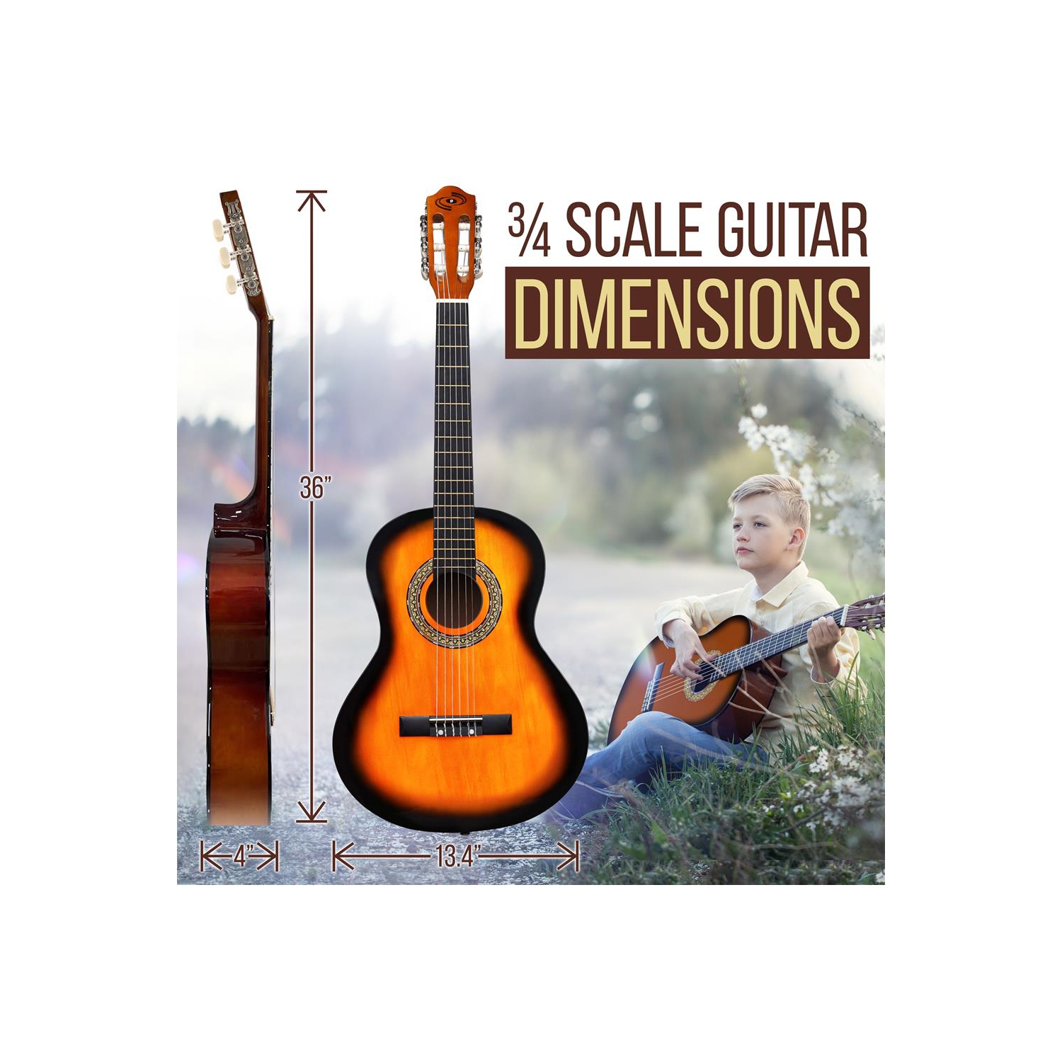 36'' -Inch 6-String Classic Guitar - 3/4 Size Scale Guitar with Digital Tuner & Accessory Kit,