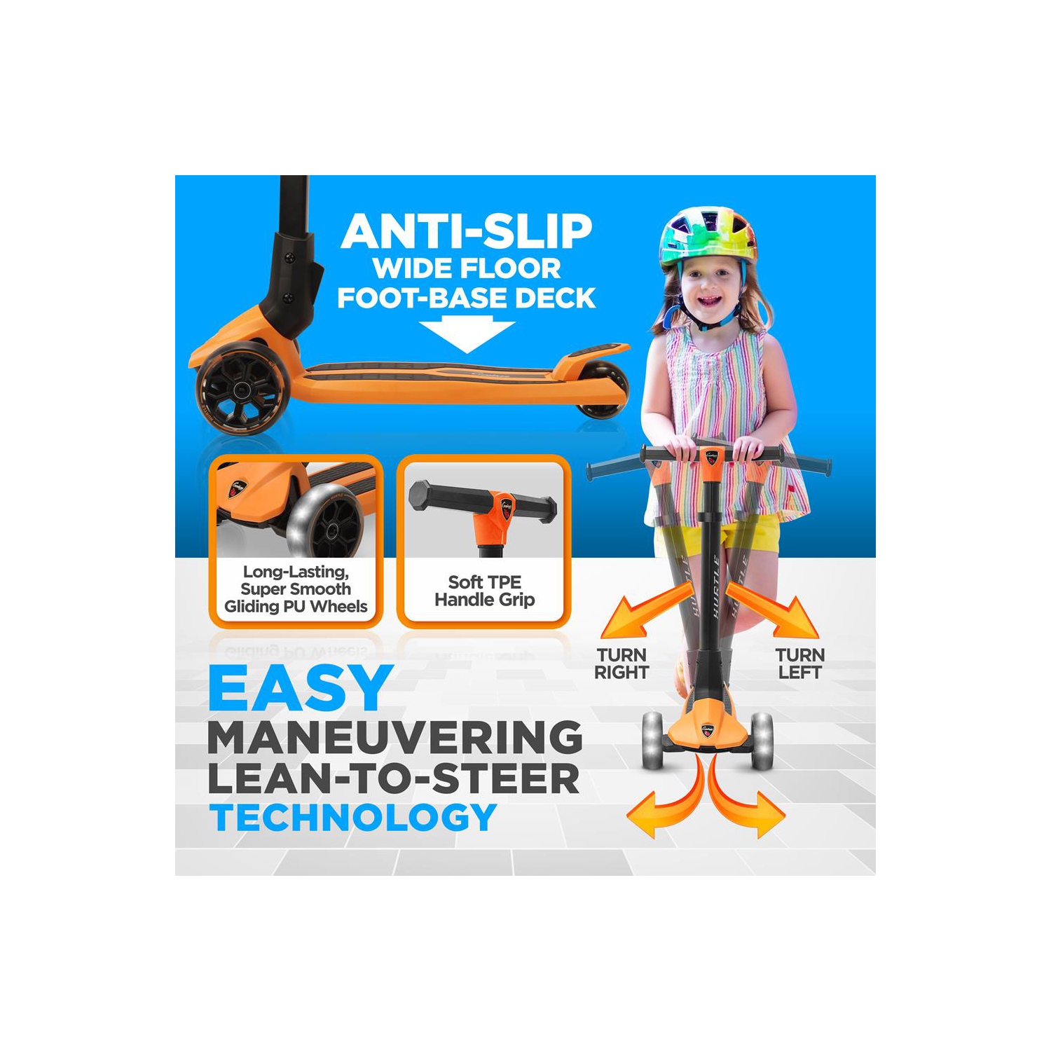 3-Wheel Foldable Kids Scooter - Child Toy Scooter with Built-in LED Wheel Lights, Easy Maneuvering Lean-to-Steer Technology