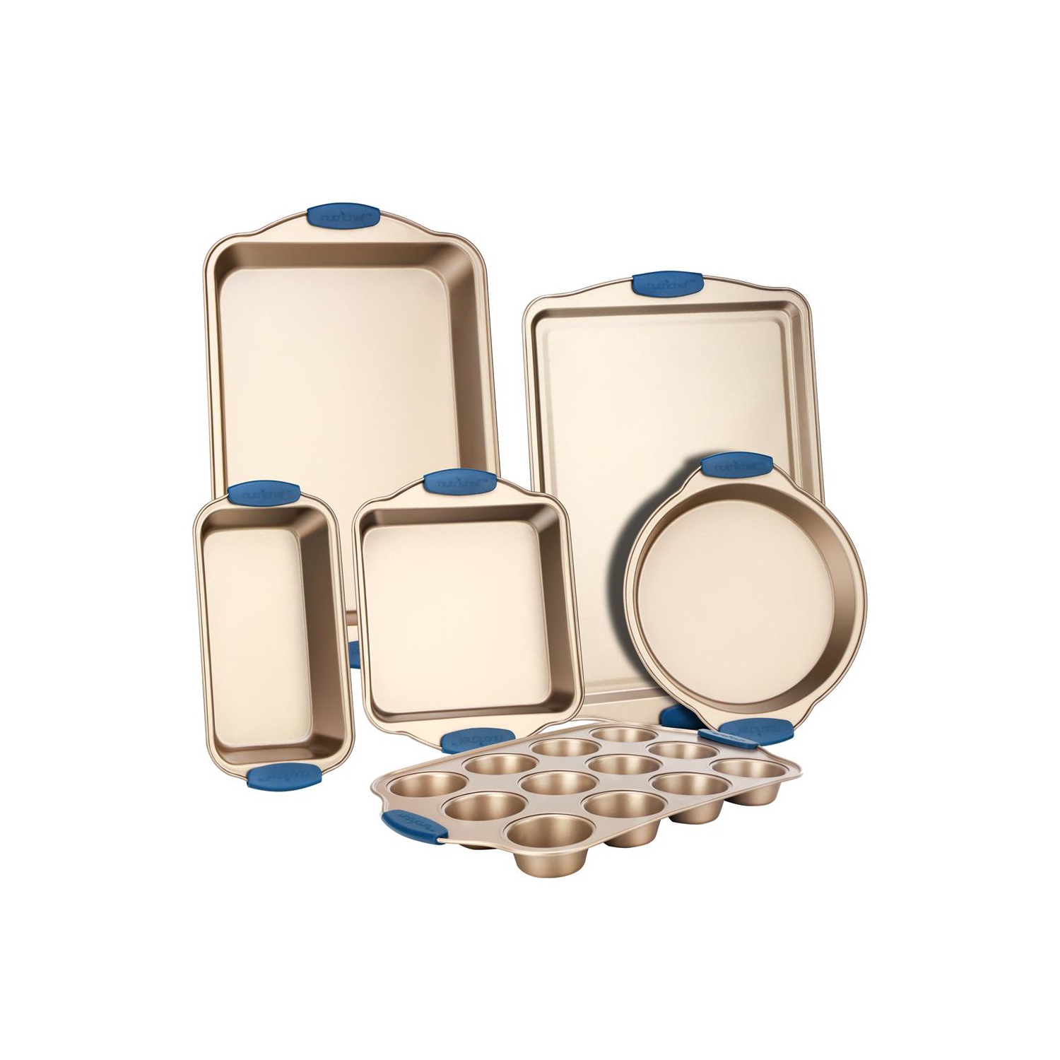 Kitchen Oven Baking Pans - Deluxe Nonstick Gold Coating Inside & Outside Carbon Steel Bakeware Set With Blue Silicone Handles