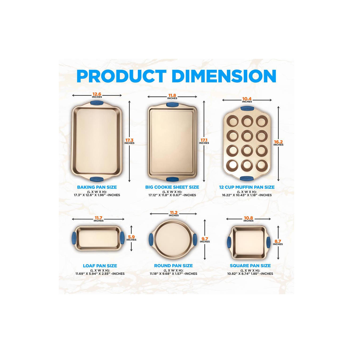 Kitchen Oven Baking Pans - Deluxe Nonstick Gold Coating Inside & Outside Carbon Steel Bakeware Set With Blue Silicone Handles