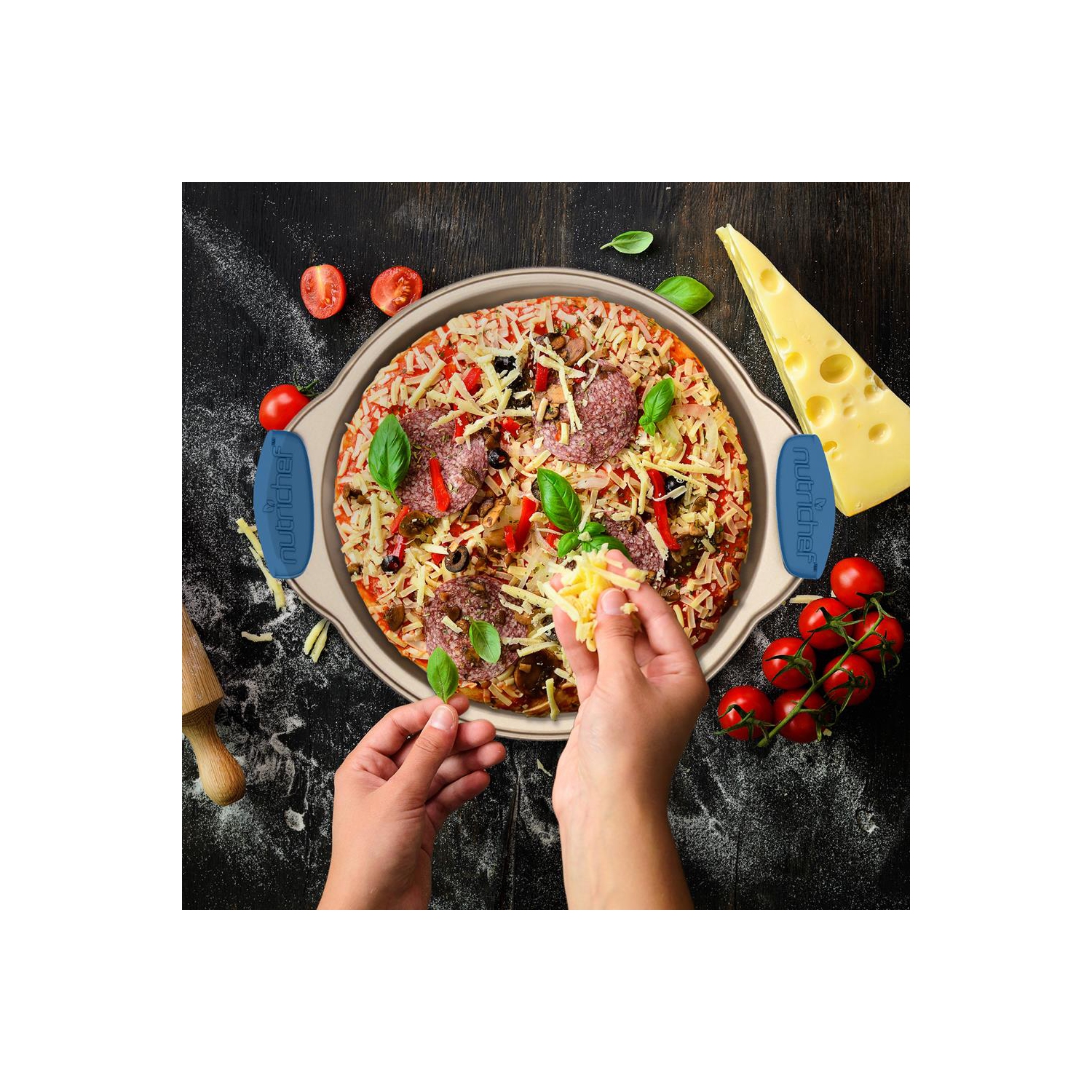 Kitchen Oven Baking Pans - Deluxe Nonstick Gold Coating Inside & Outside Carbon Steel Bakeware Set With Blue Silicone Handles