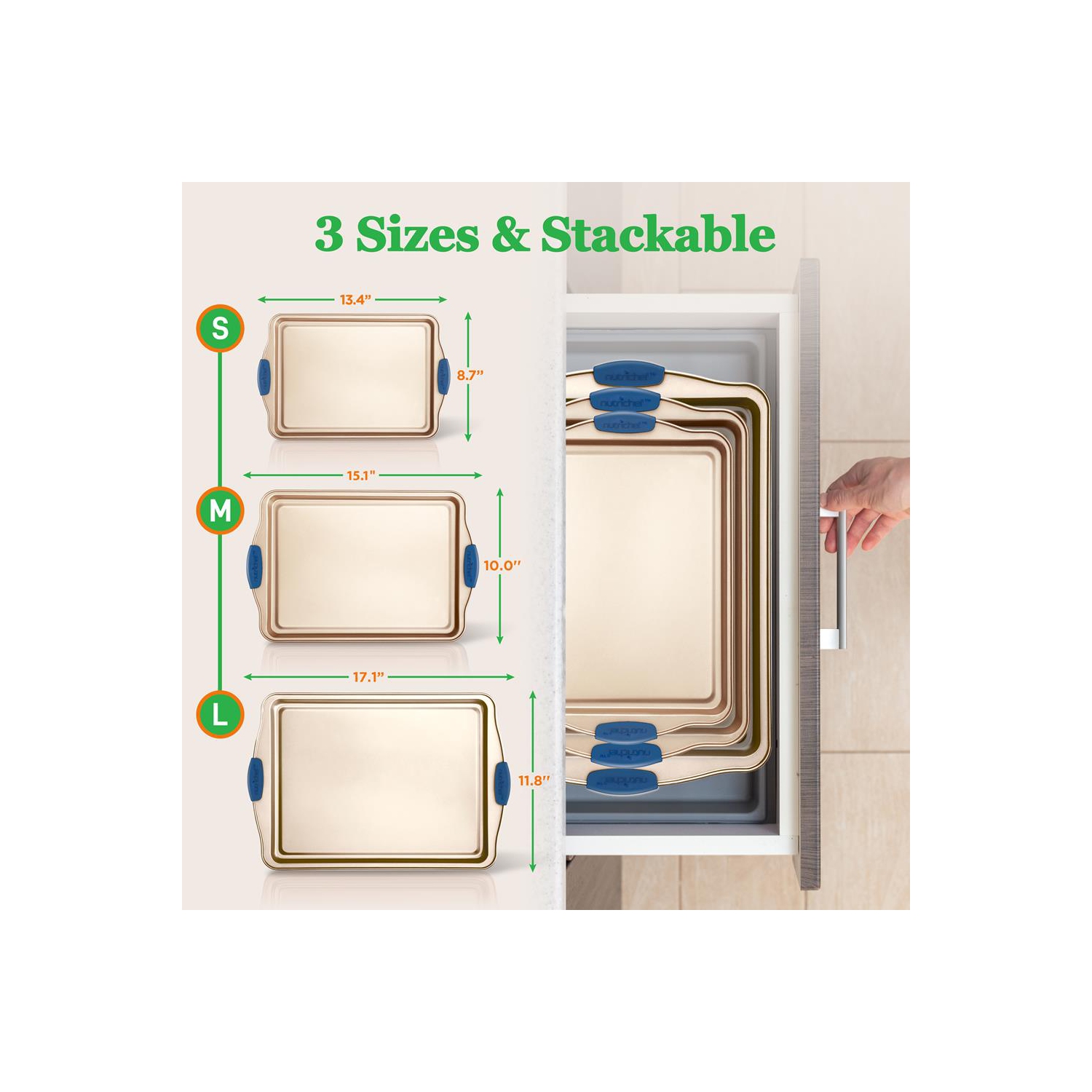 Kitchen Oven Baking Pans - Deluxe Nonstick Gold Coating Inside and outside Carbon Steel Bakeware Set With Blue Silicone Handles