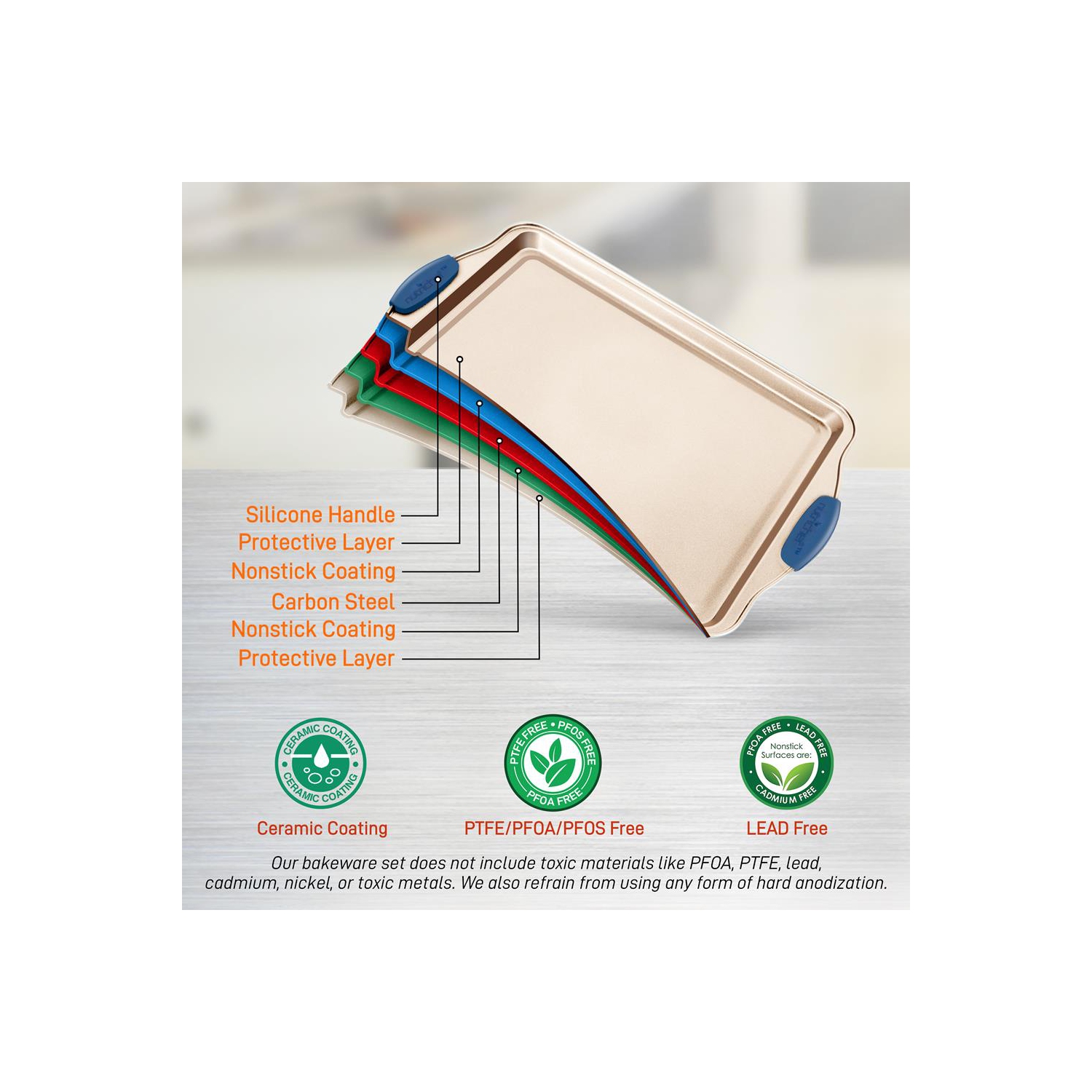 Kitchen Oven Baking Pans - Deluxe Nonstick Gold Coating Inside and outside Carbon Steel Bakeware Set With Blue Silicone Handles