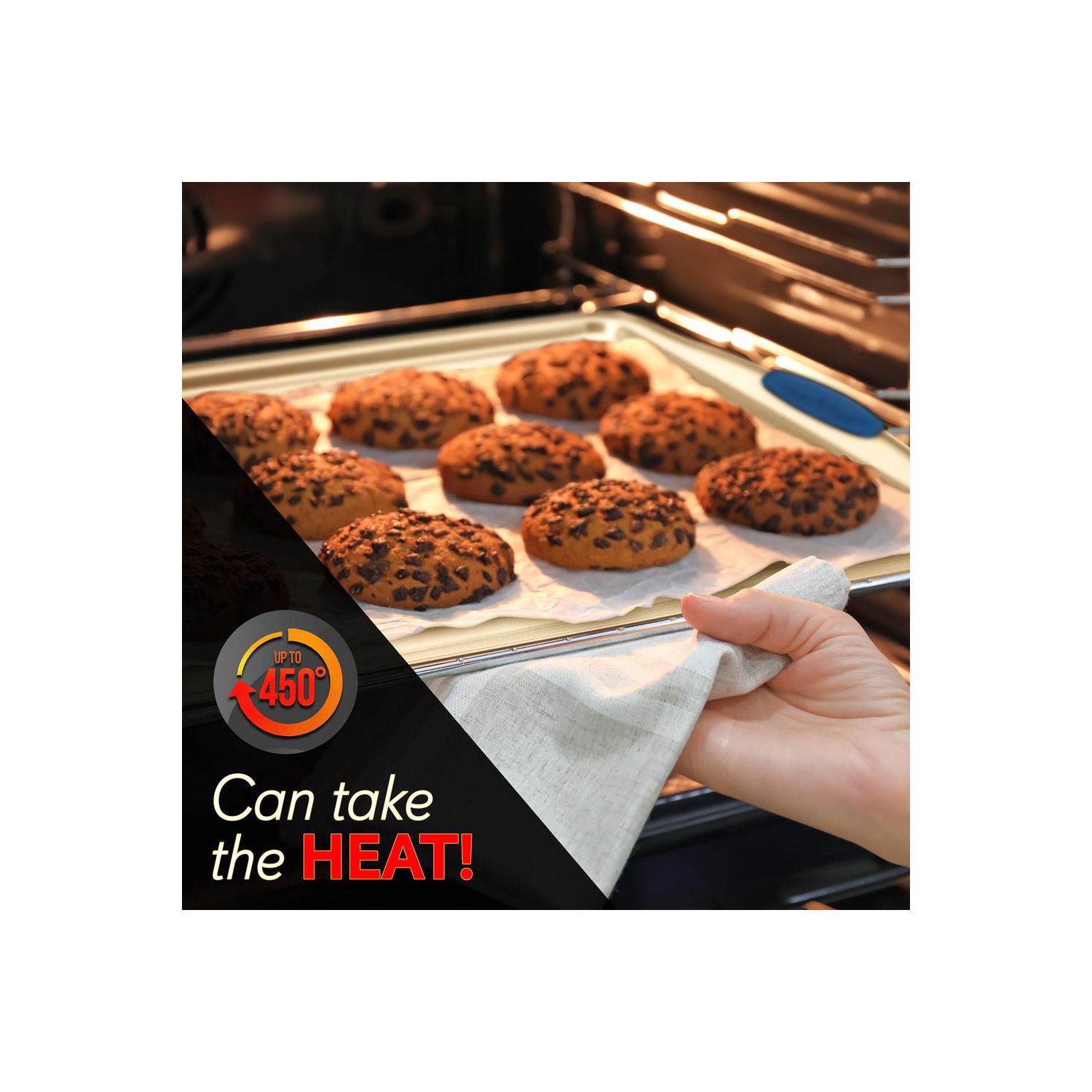 Kitchen Oven Baking Pans - Deluxe Nonstick Gold Coating Inside and outside Carbon Steel Bakeware Set With Blue Silicone Handles