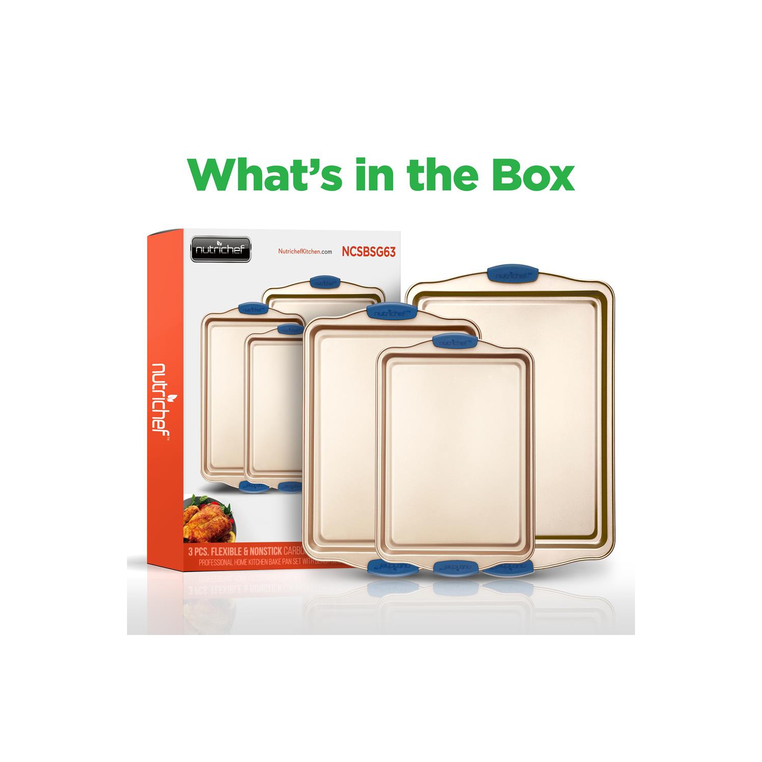 Kitchen Oven Baking Pans - Deluxe Nonstick Gold Coating Inside and outside Carbon Steel Bakeware Set With Blue Silicone Handles