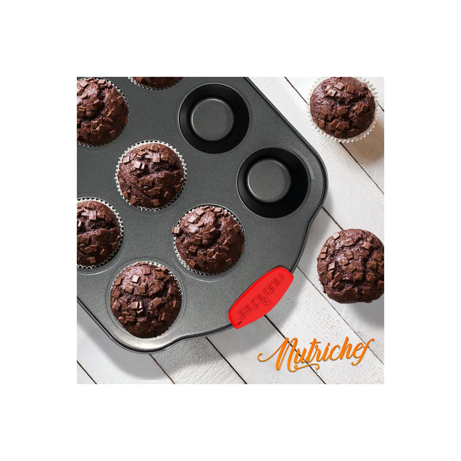 Kitchen Oven Baking Pans - Deluxe Nonstick Gray Coating Inside & Outside Carbon Steel Bakeware Set With Red Silicone Handles