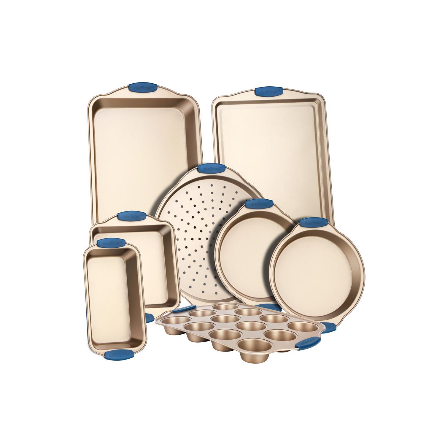 Kitchen Oven Baking Pans - Deluxe Nonstick Gold Coating Inside & Outside Carbon Steel Bakeware Set With Blue Silicone Handles