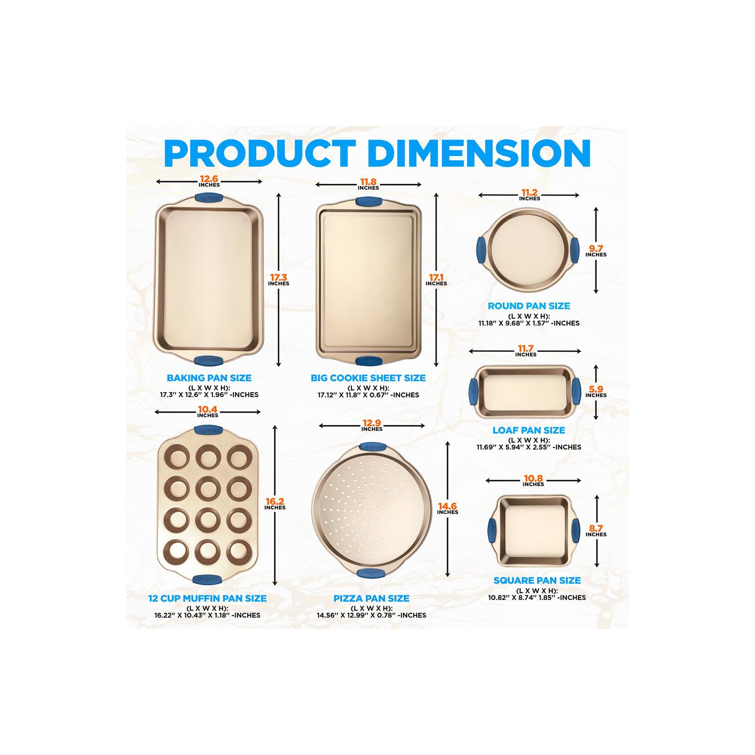 Kitchen Oven Baking Pans - Deluxe Nonstick Gold Coating Inside & Outside Carbon Steel Bakeware Set With Blue Silicone Handles