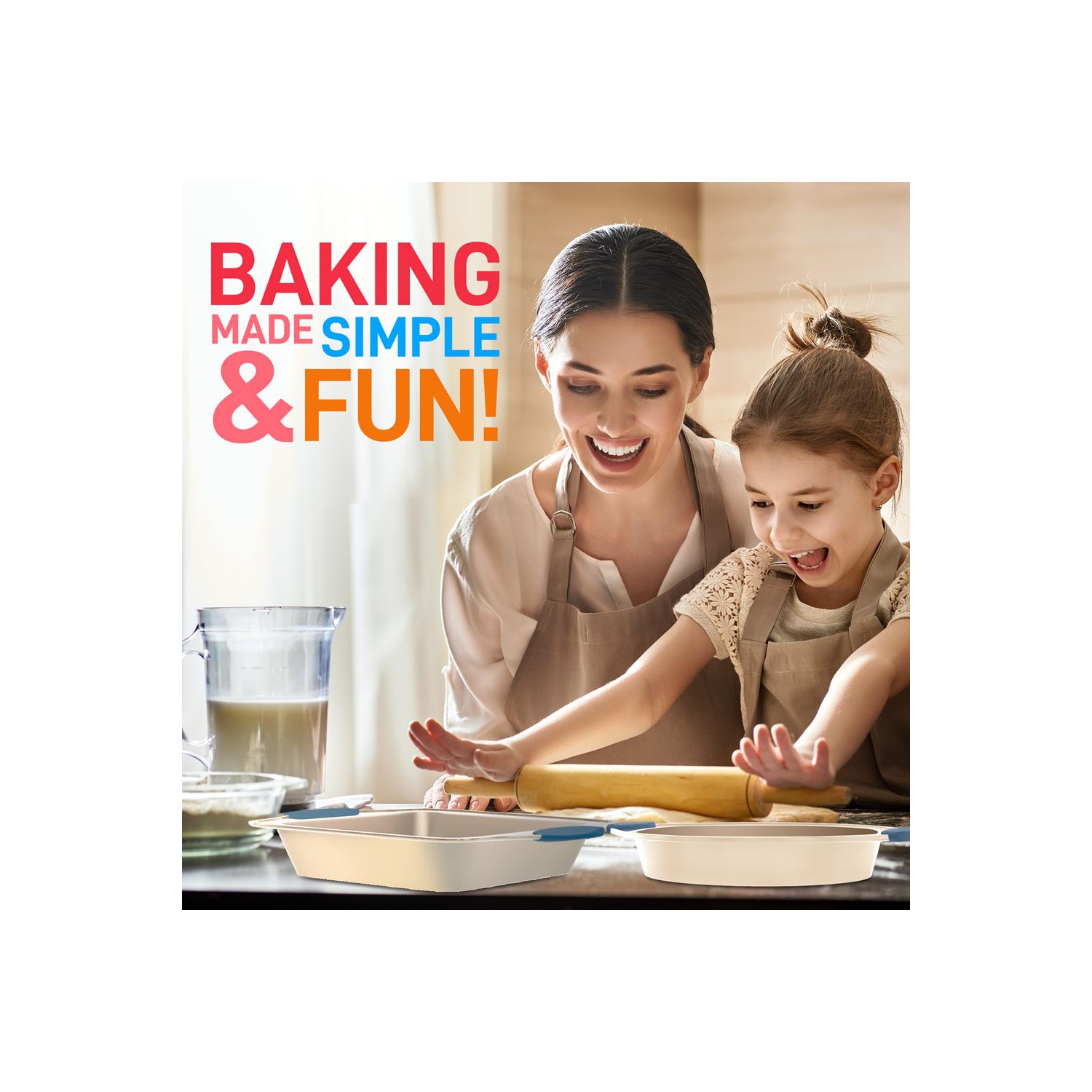 Kitchen Oven Baking Pans - Deluxe Nonstick Gold Coating Inside & Outside Carbon Steel Bakeware Set With Blue Silicone Handles