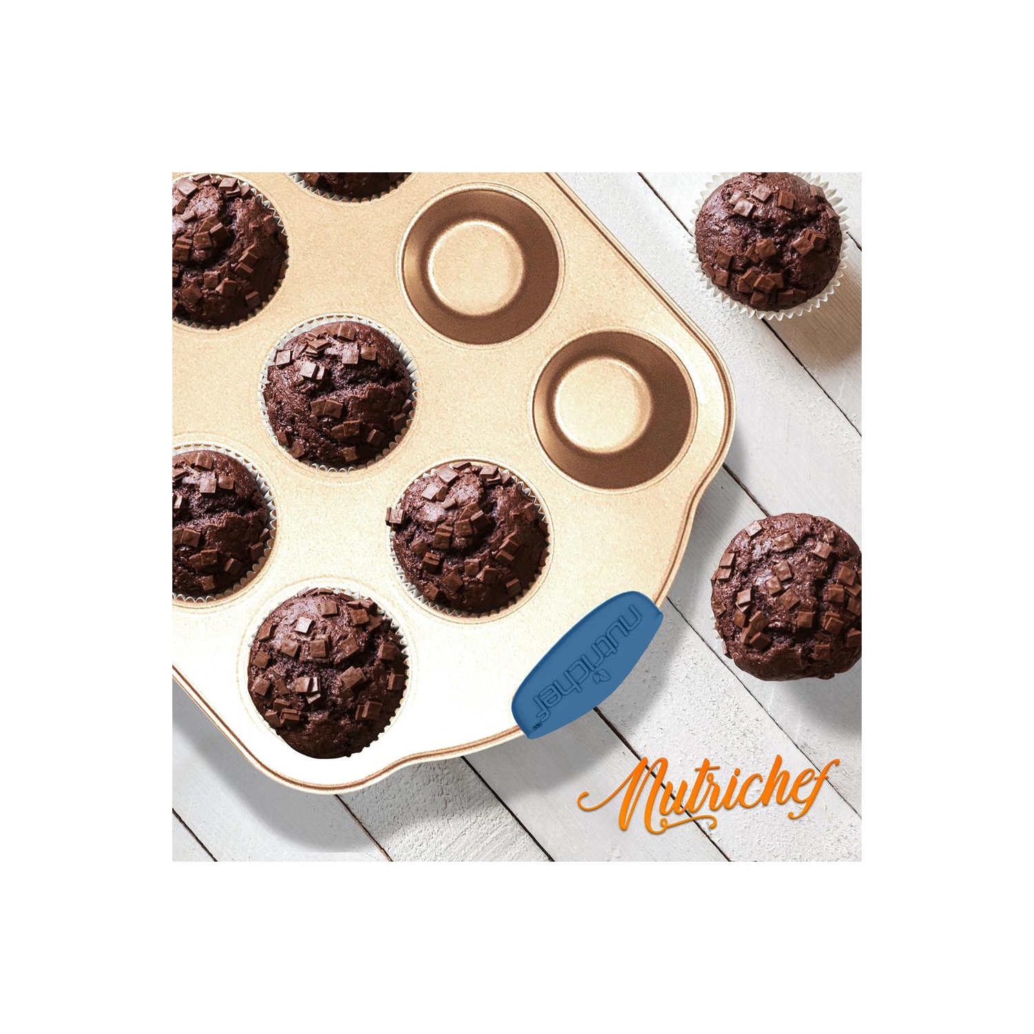 Kitchen Oven Baking Pans - Deluxe Nonstick Gold Coating Inside & Outside Carbon Steel Bakeware Set With Blue Silicone Handles