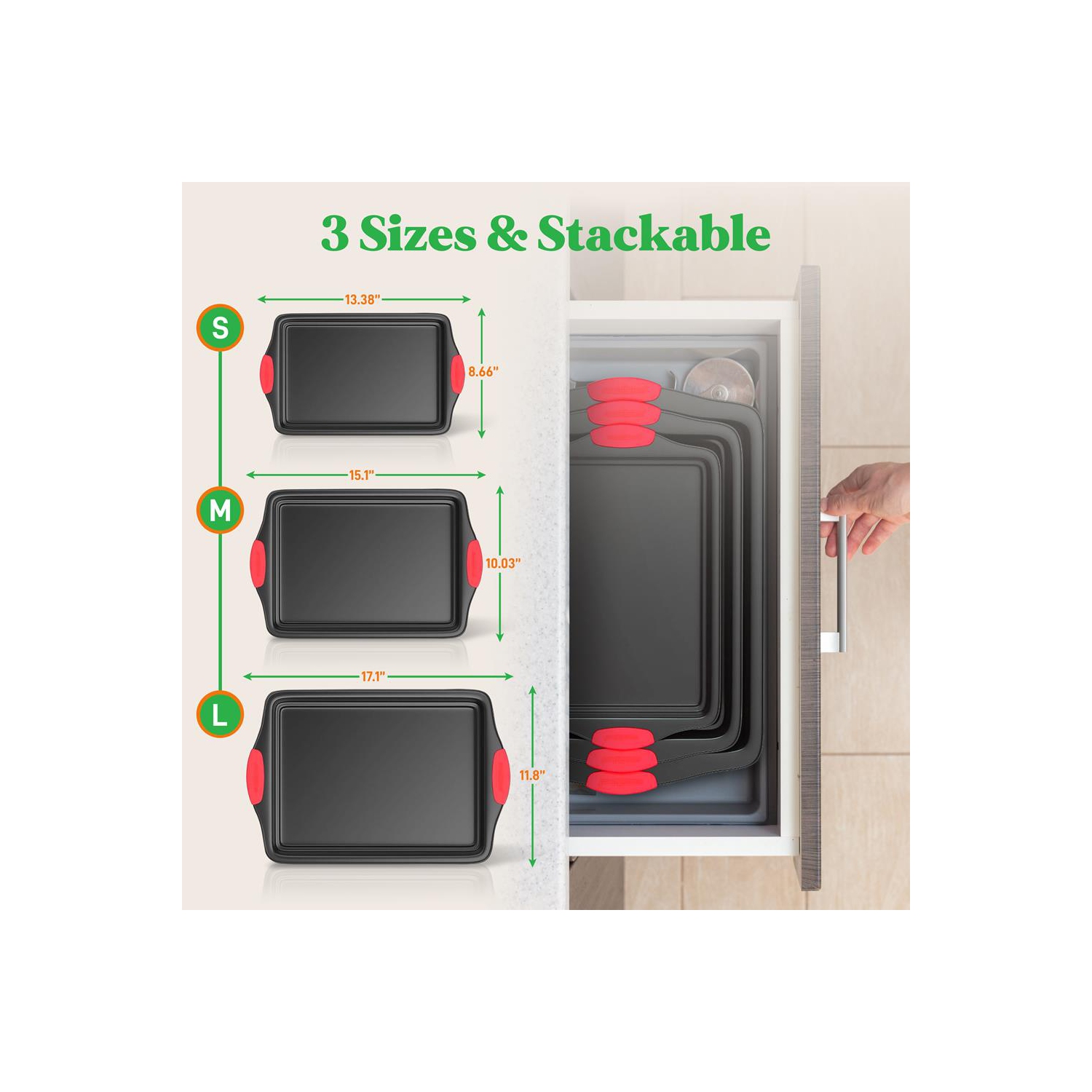 Kitchen Oven Baking Pans - Deluxe Nonstick Gray Coating Inside & Outside Carbon Steel Bakeware Set With Red Silicone Handles