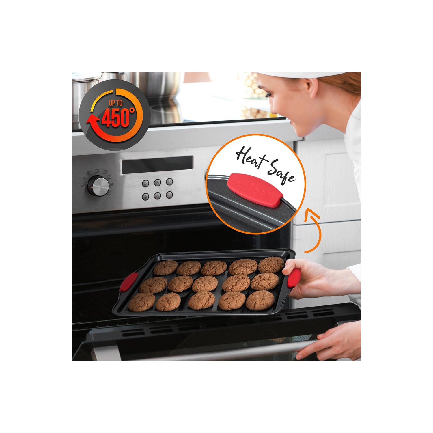 Kitchen Oven Baking Pans - Deluxe Nonstick Gray Coating Inside & Outside Carbon Steel Bakeware Set With Red Silicone Handles