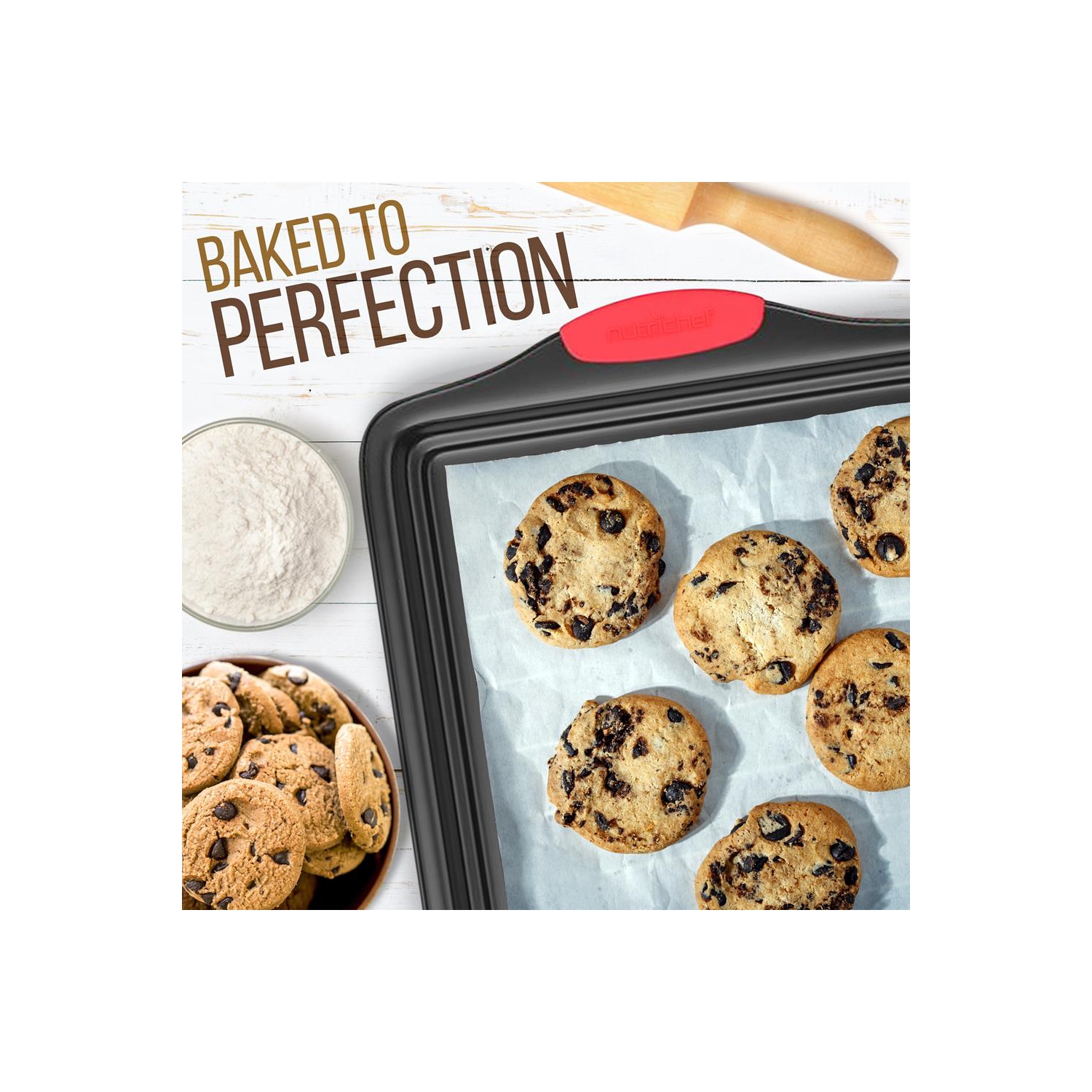 Kitchen Oven Baking Pans - Deluxe Nonstick Gray Coating Inside & Outside Carbon Steel Bakeware Set With Red Silicone Handles