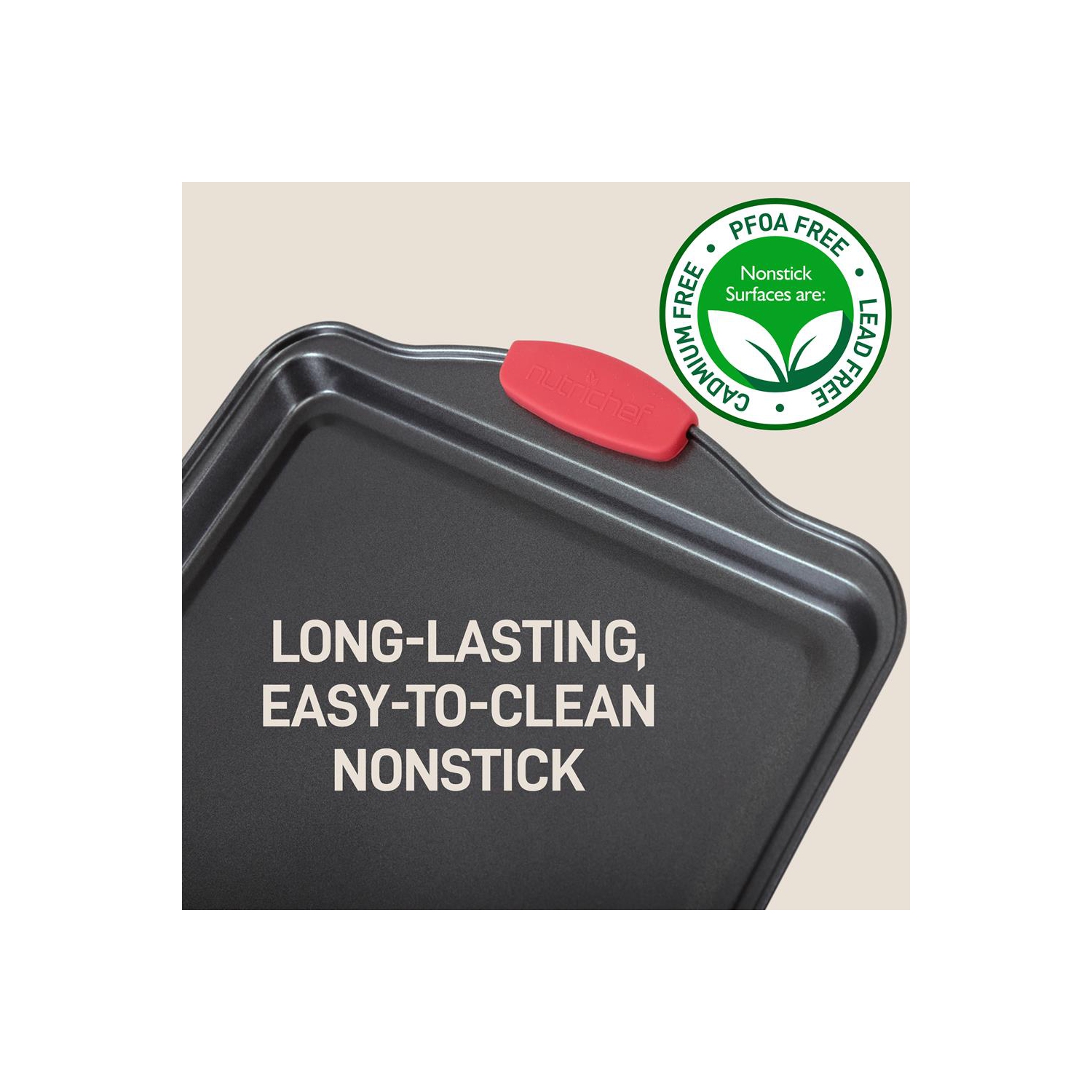 Kitchen Oven Baking Pans - Deluxe Nonstick Gray Coating Inside & Outside Carbon Steel Bakeware Set With Red Silicone Handles