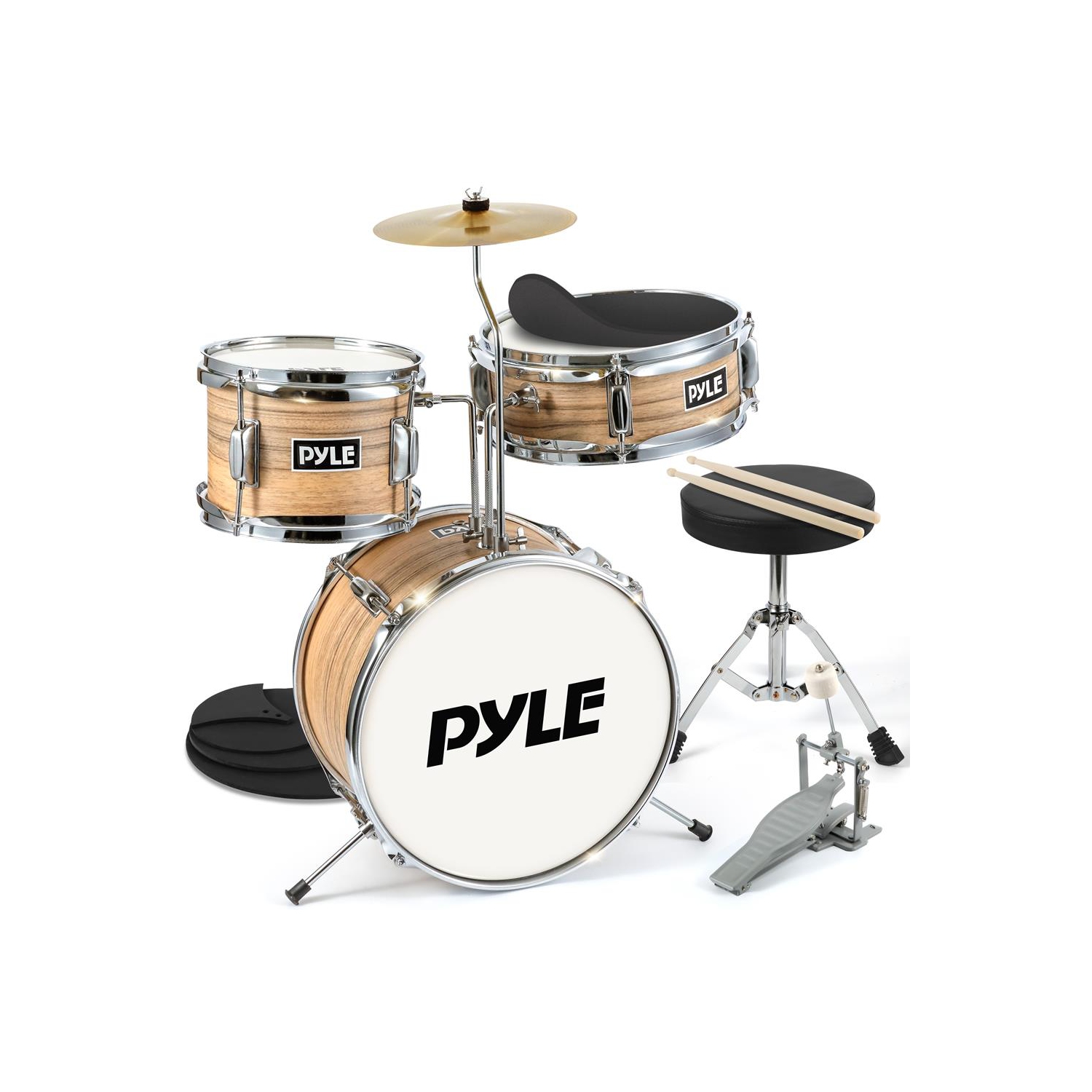 Batterie 13 po 3 pièces pour enfants/jeunes - batterie métallisée jaune mat rayé avec trône, cymbale, pédales, grosse caisse, Tom et baguettes