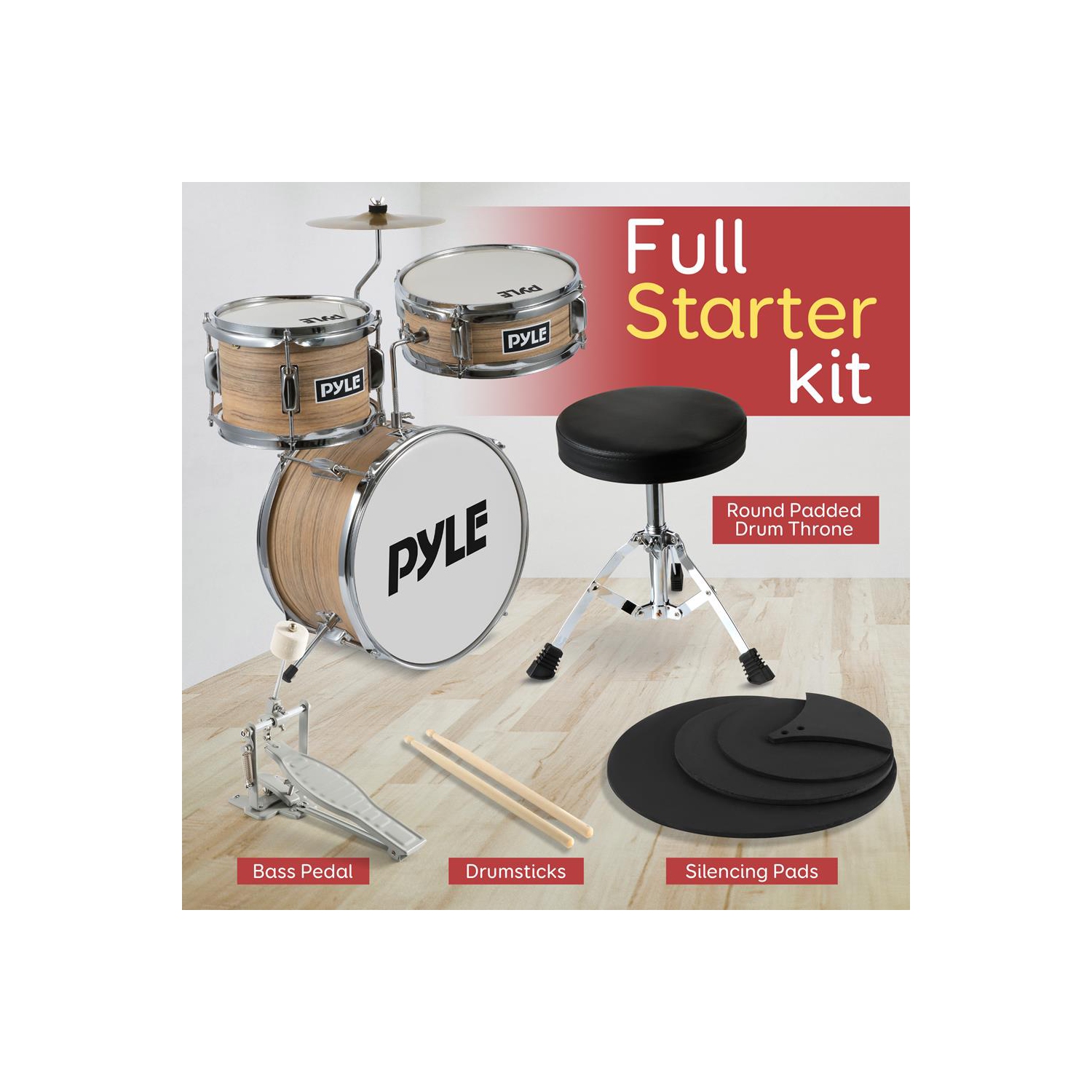 Batterie 13 po 3 pièces pour enfants/jeunes - batterie métallisée jaune mat rayé avec trône, cymbale, pédales, grosse caisse, Tom et baguettes