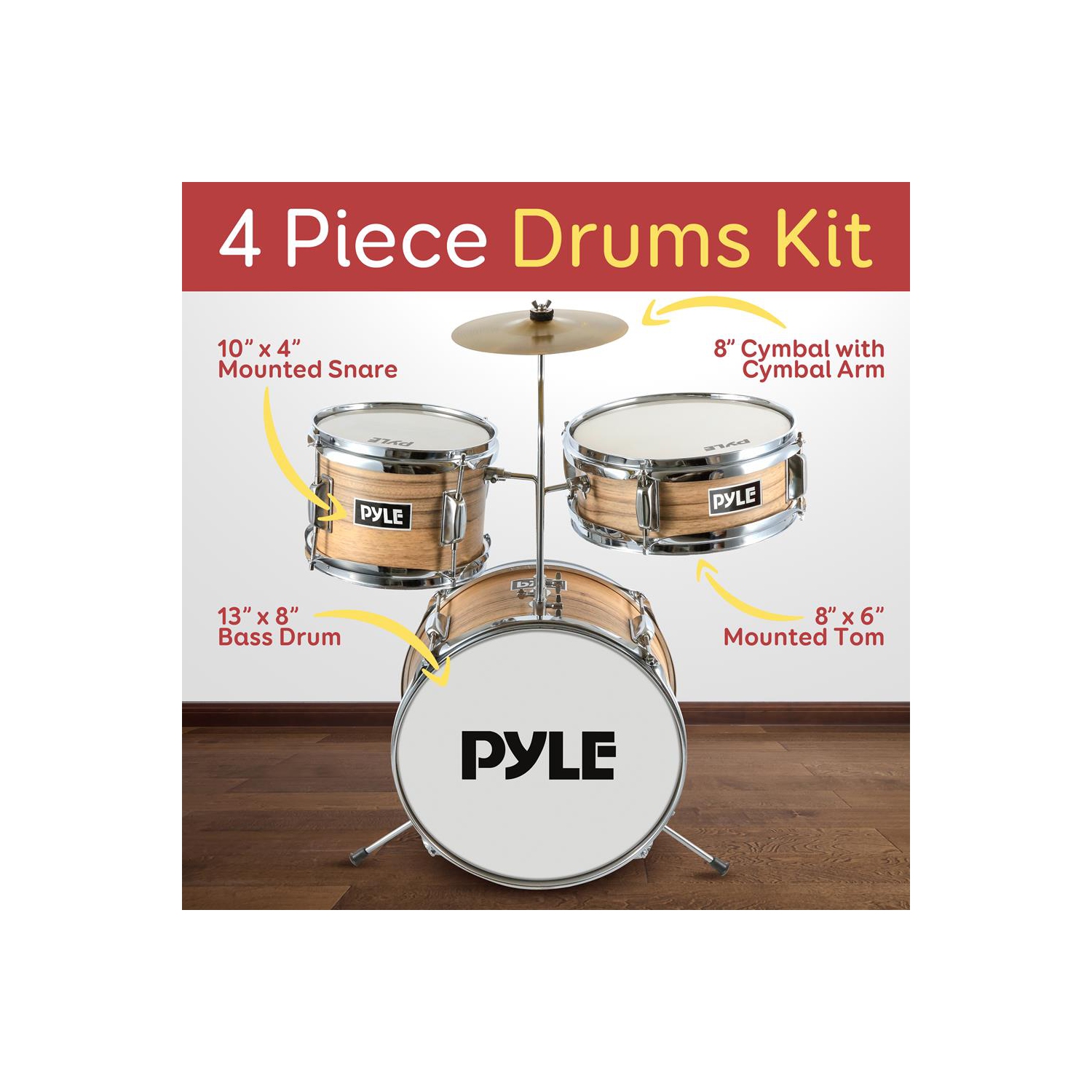 Batterie 13 po 3 pièces pour enfants/jeunes - batterie métallisée jaune mat rayé avec trône, cymbale, pédales, grosse caisse, Tom et baguettes