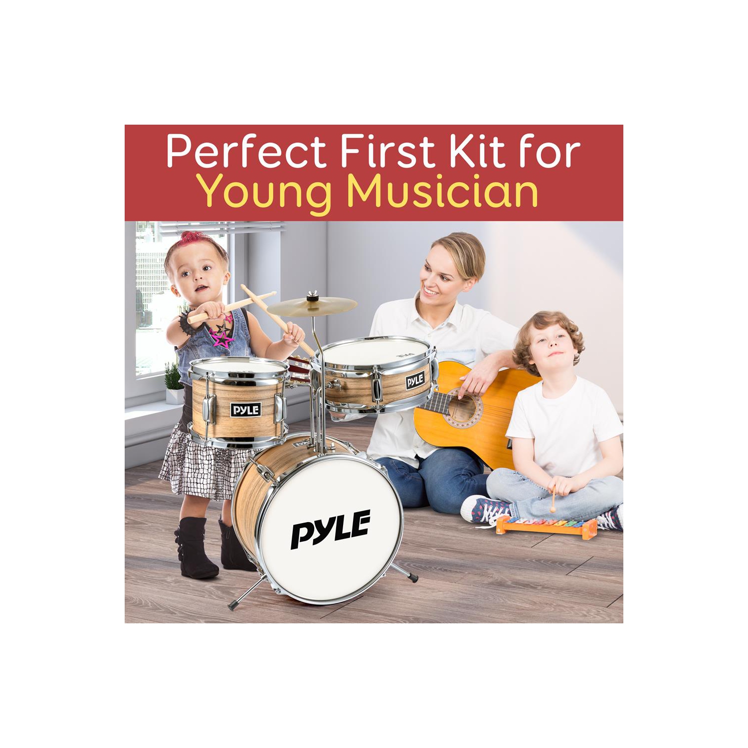 Batterie 13 po 3 pièces pour enfants/jeunes - batterie métallisée jaune mat rayé avec trône, cymbale, pédales, grosse caisse, Tom et baguettes