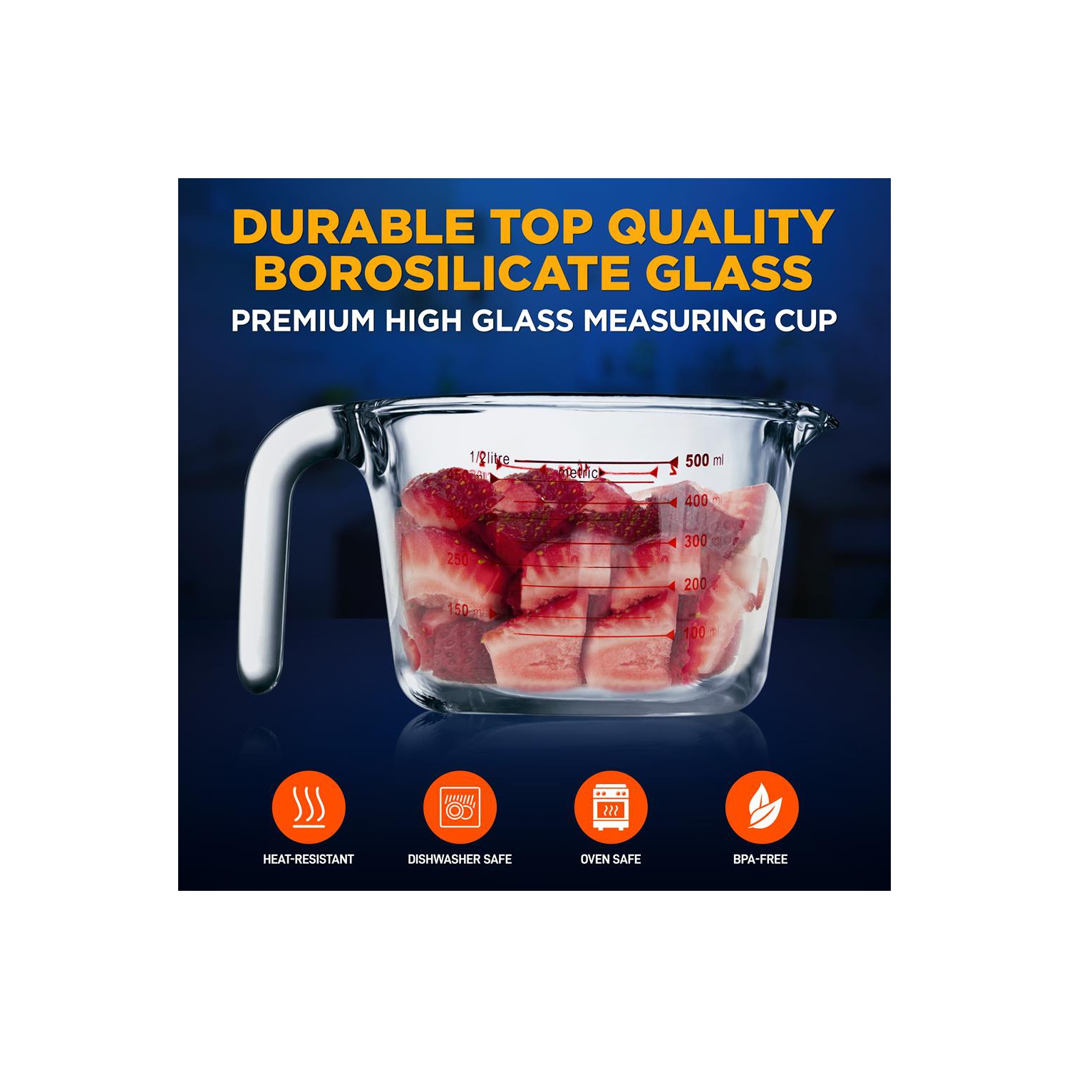 500 ml. High Borosilicate Glass Measuring Cup with Customized Decal Scale