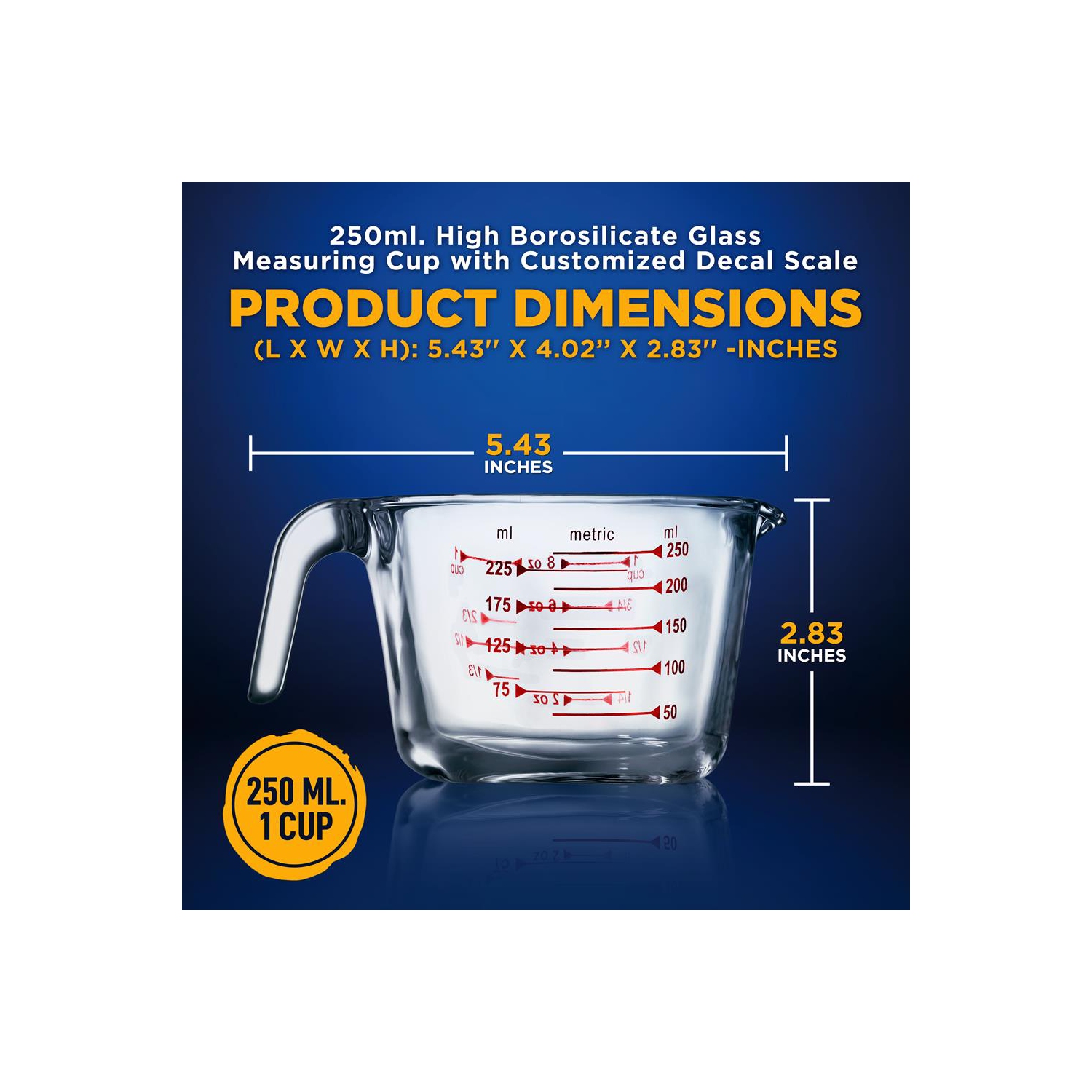 250 ml. High Borosilicate Glass Measuring Cup with Customized Decal Scale