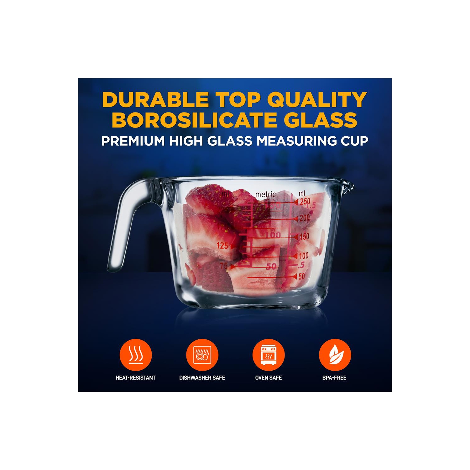 250 ml. High Borosilicate Glass Measuring Cup with Customized Decal Scale