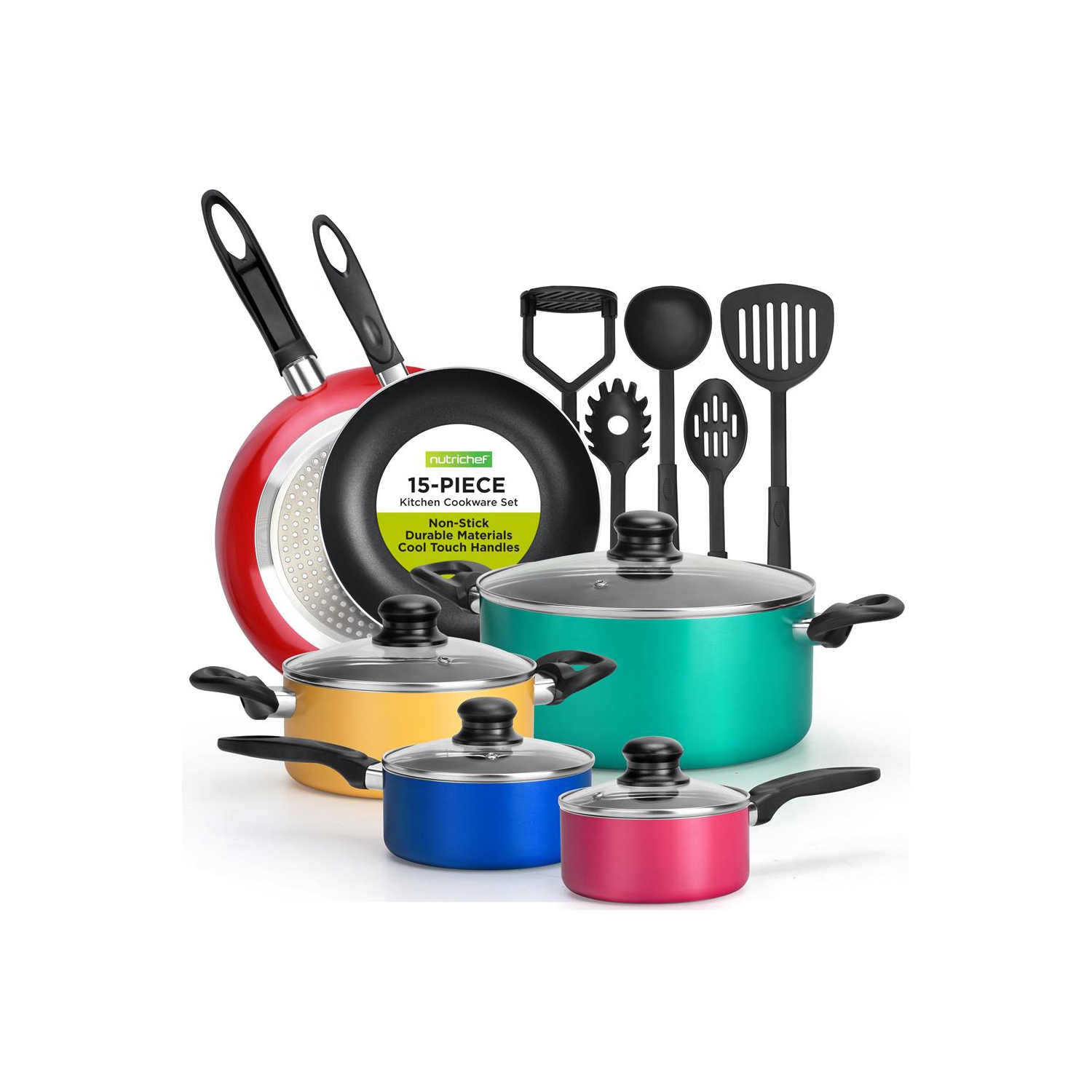 Kitchenware Pots & Pans Set - Colorful Kitchen Cookware, Black Non-Stick Coating Inside, Heat Resistant Lacquer and Mixed Colors Outside