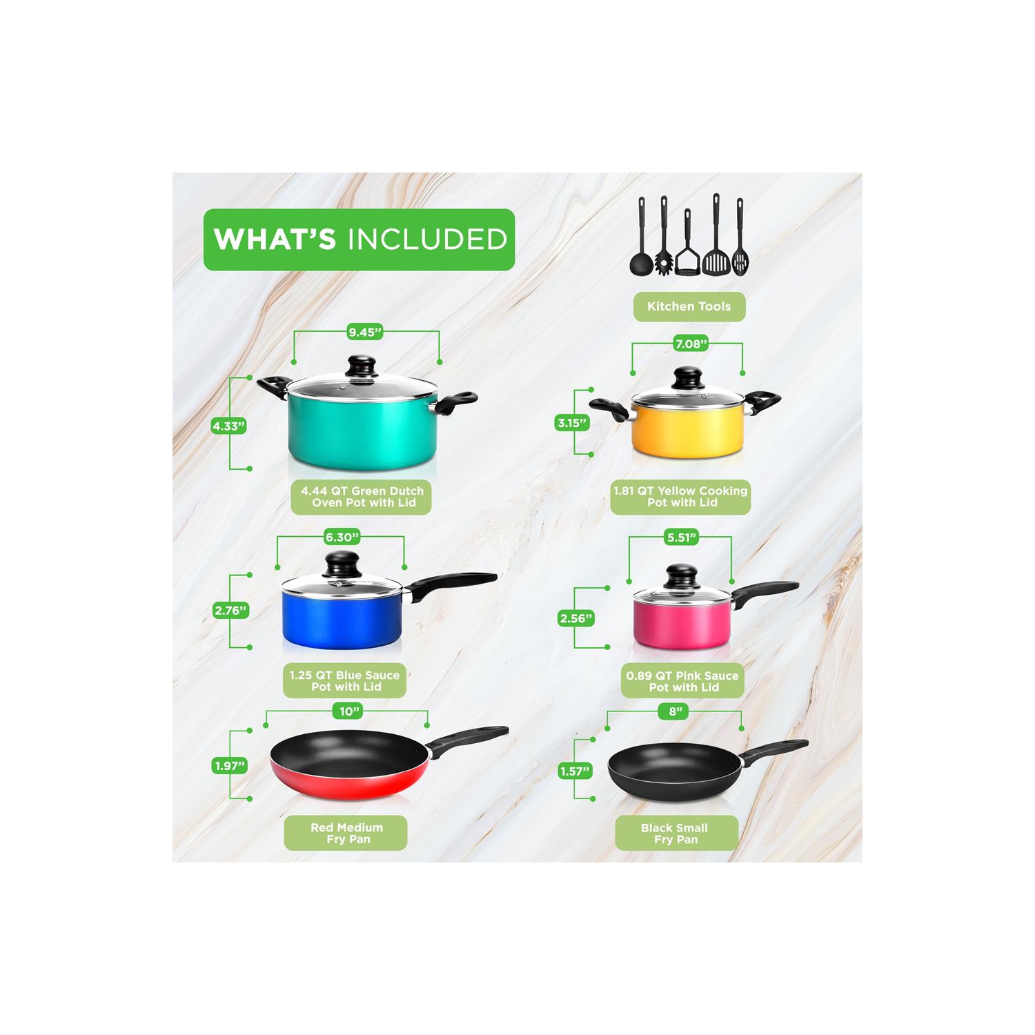 Kitchenware Pots & Pans Set - Colorful Kitchen Cookware, Black Non-Stick Coating Inside, Heat Resistant Lacquer and Mixed Colors Outside