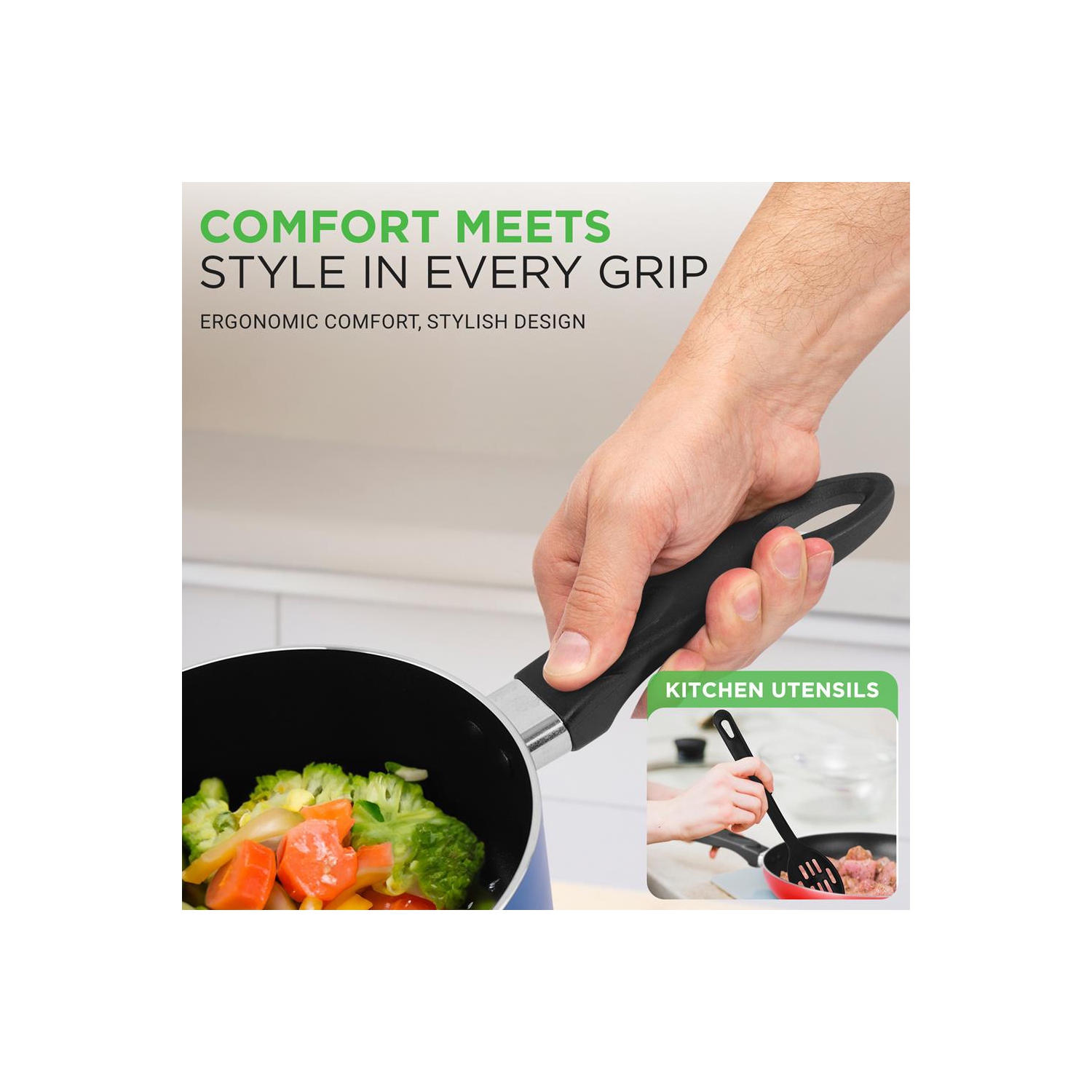 Kitchenware Pots & Pans Set - Colorful Kitchen Cookware, Black Non-Stick Coating Inside, Heat Resistant Lacquer and Mixed Colors Outside