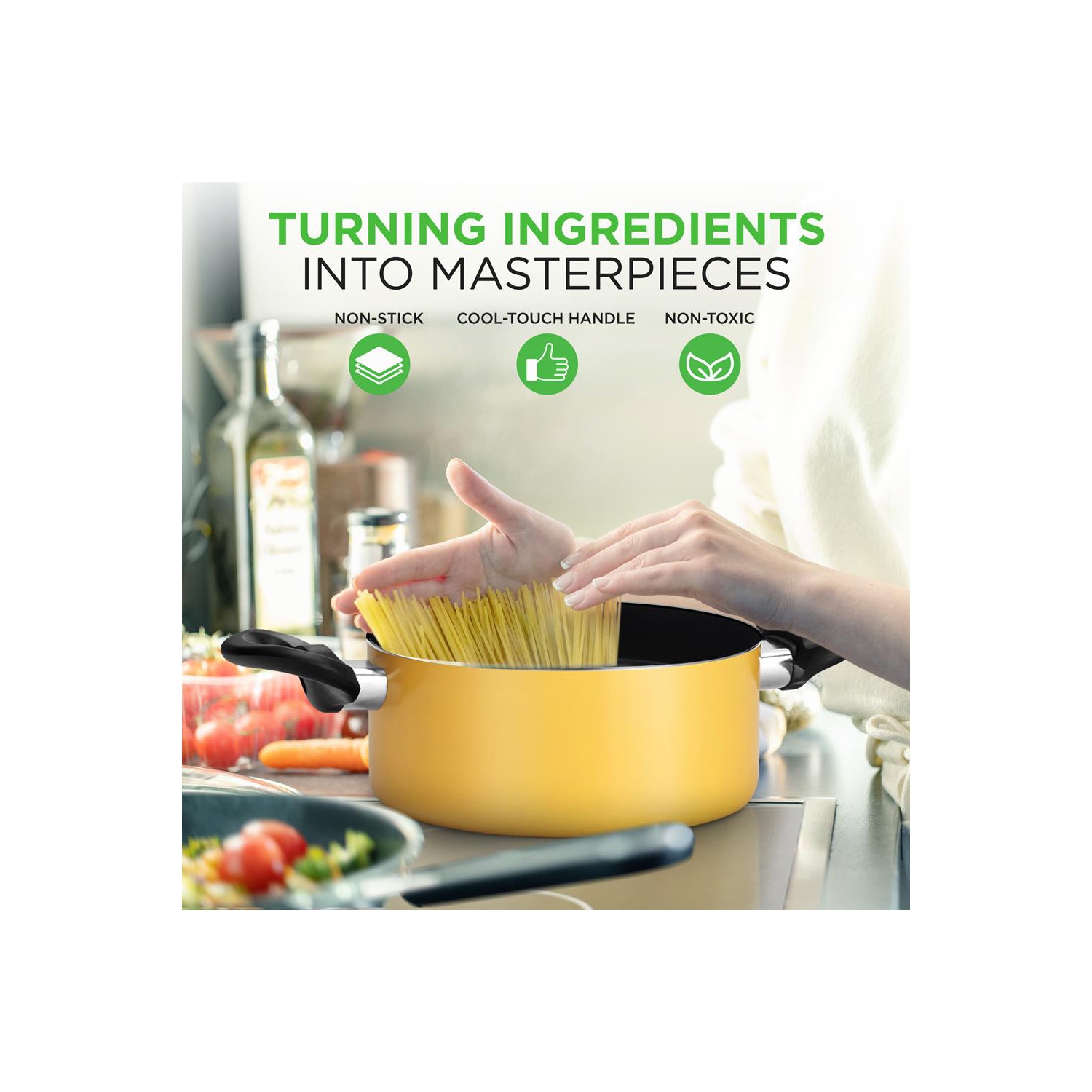 Kitchenware Pots & Pans Set - Colorful Kitchen Cookware, Black Non-Stick Coating Inside, Heat Resistant Lacquer and Mixed Colors Outside