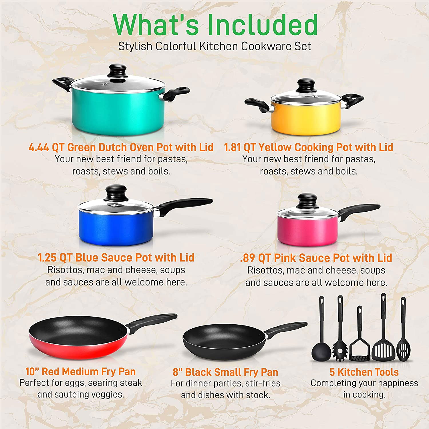 Kitchenware Pots & Pans Set - Colorful Kitchen Cookware, Black Non-Stick Coating Inside, Heat Resistant Lacquer and Mixed Colors Outside