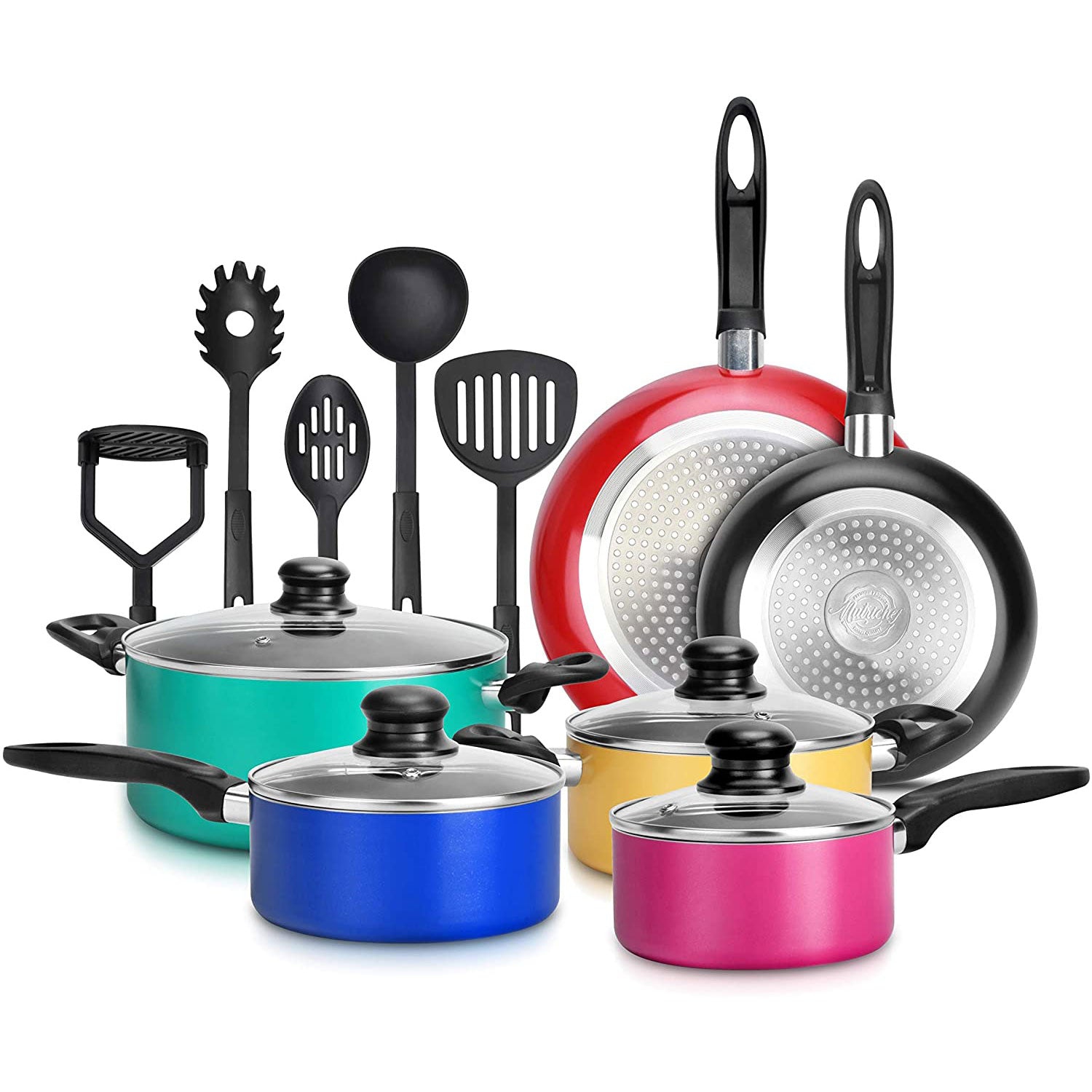 Kitchenware Pots & Pans Set - Colorful Kitchen Cookware, Black Non-Stick Coating Inside, Heat Resistant Lacquer and Mixed Colors Outside