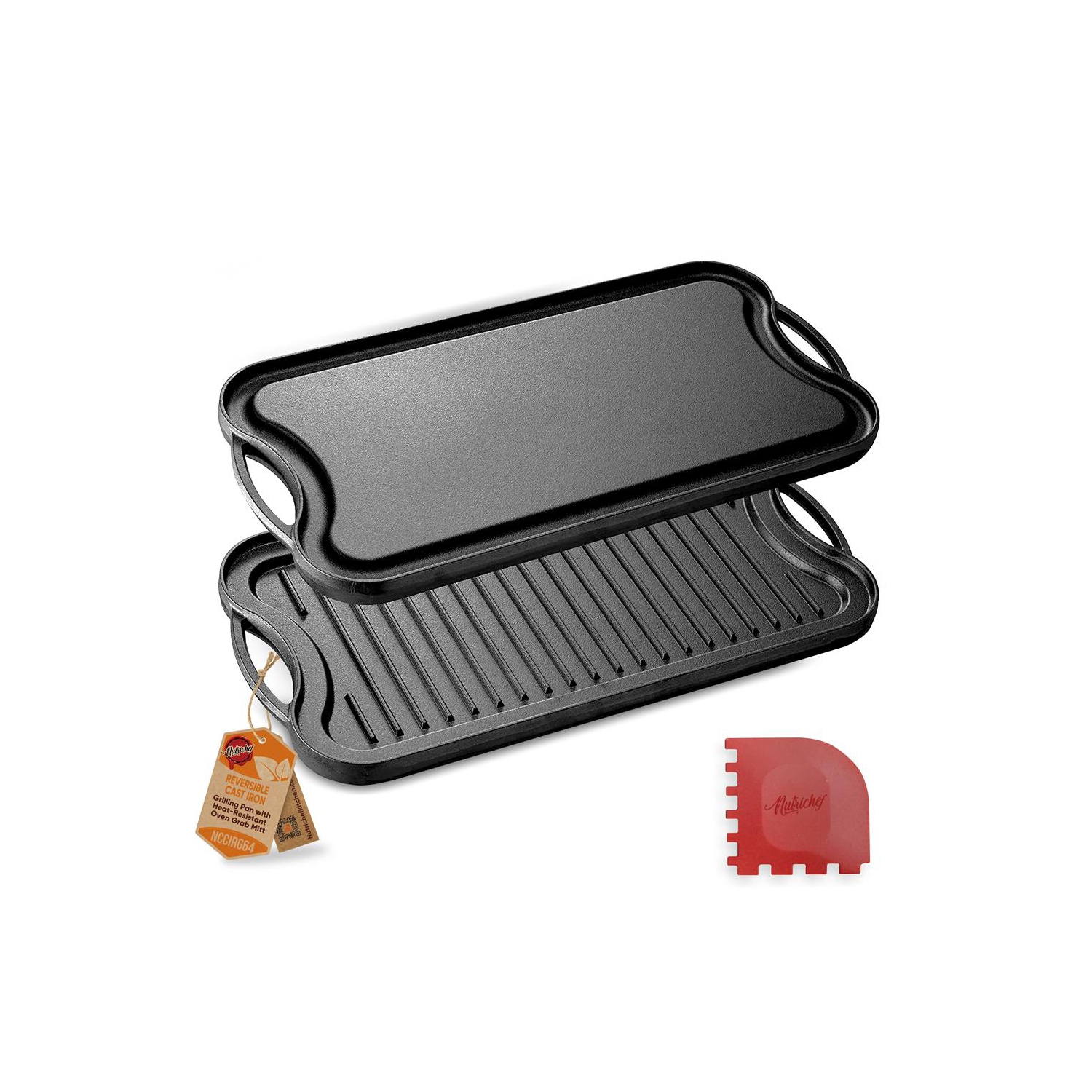 Kitchen Flat Grill Plate Pan - Reversible Cast Iron Griddle, Classic Flat Grill Pan Design with Scraper