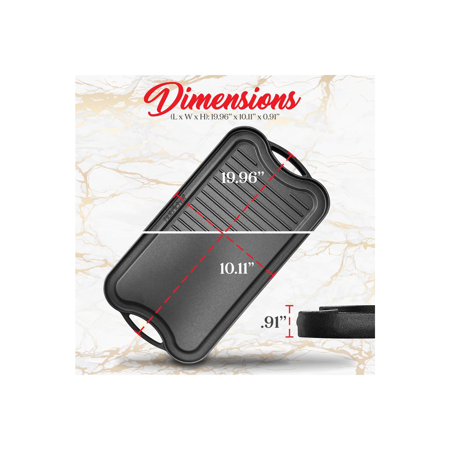 Kitchen Flat Grill Plate Pan - Reversible Cast Iron Griddle, Classic Flat Grill Pan Design with Scraper