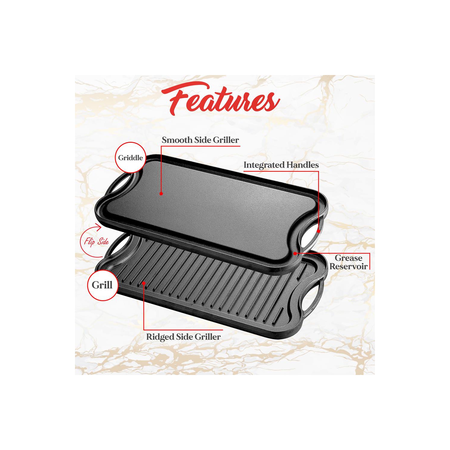 Kitchen Flat Grill Plate Pan - Reversible Cast Iron Griddle, Classic Flat Grill Pan Design with Scraper