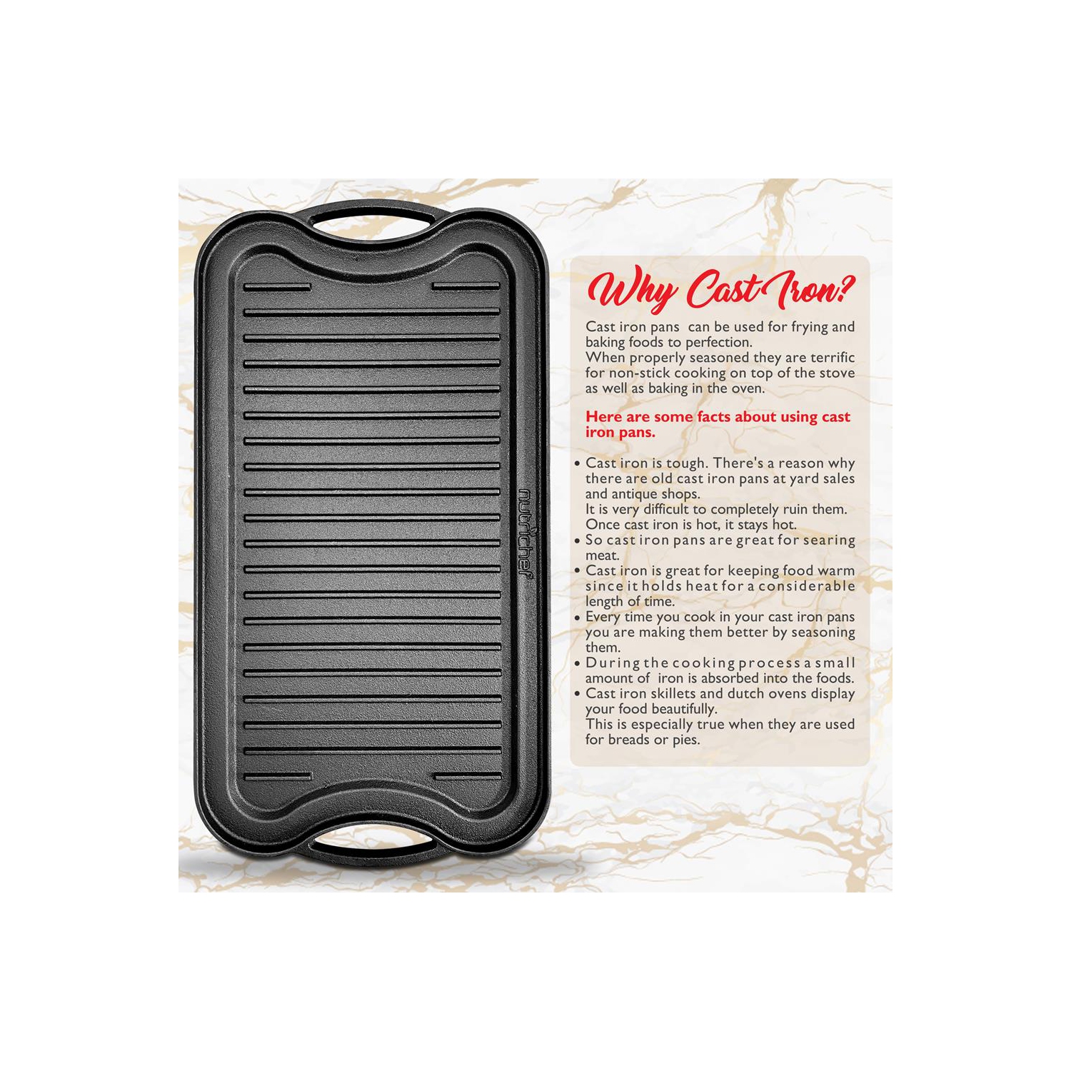 Kitchen Flat Grill Plate Pan - Reversible Cast Iron Griddle, Classic Flat Grill Pan Design with Scraper