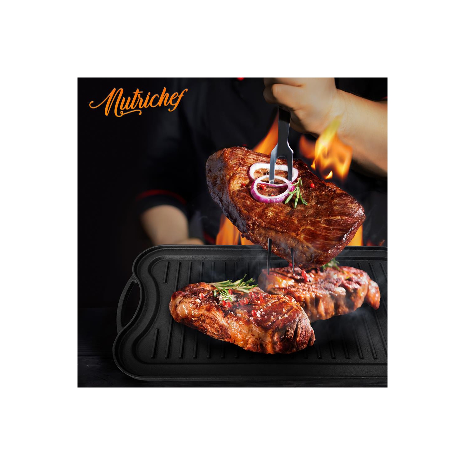 Kitchen Flat Grill Plate Pan - Reversible Cast Iron Griddle, Classic Flat Grill Pan Design with Scraper