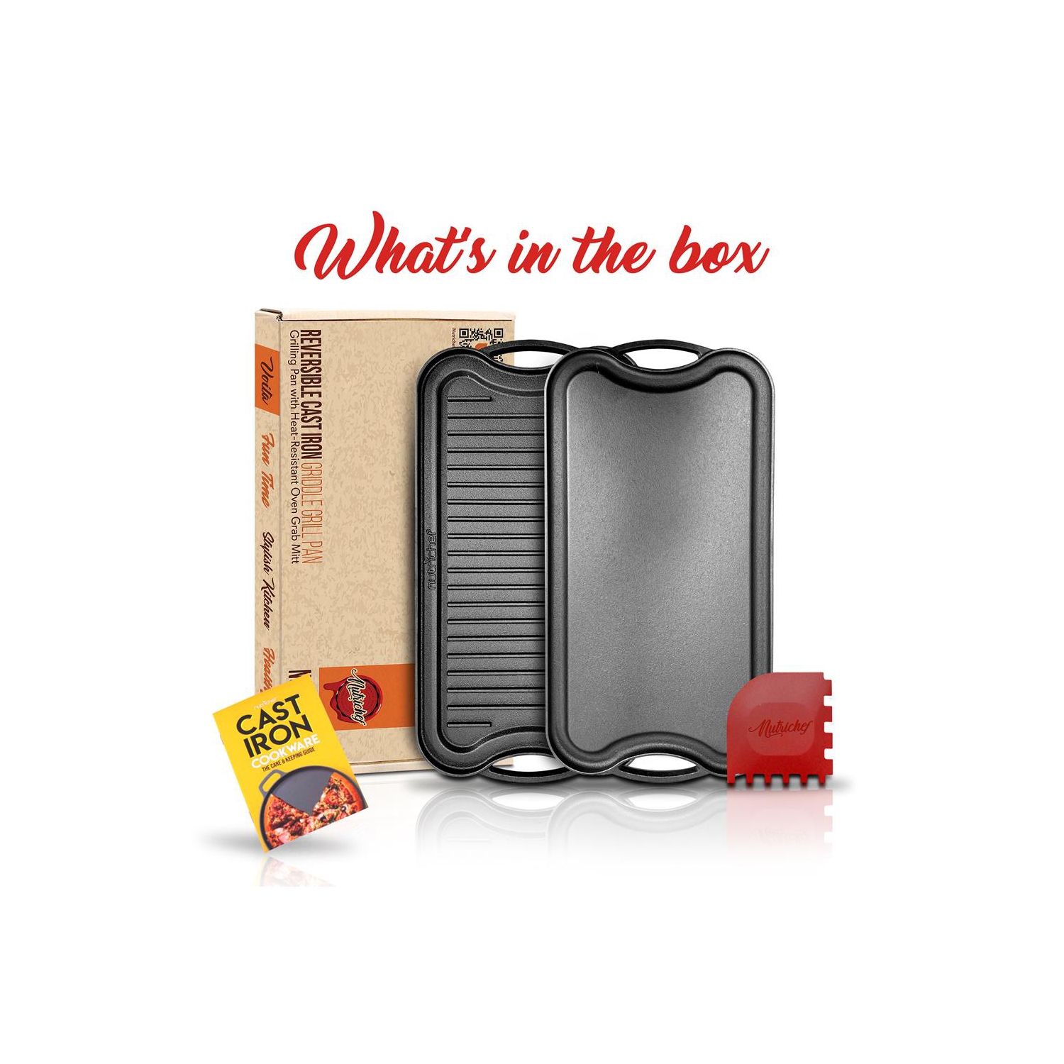 Kitchen Flat Grill Plate Pan - Reversible Cast Iron Griddle, Classic Flat Grill Pan Design with Scraper